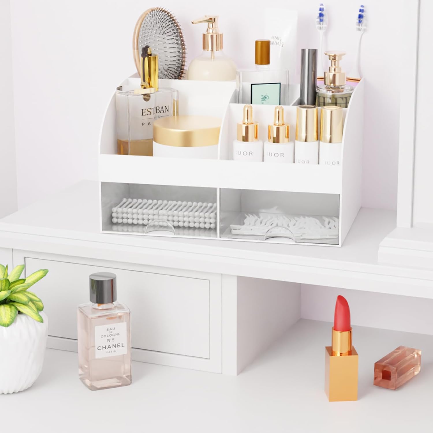 Makeup Organizer with Drawers, Cosmetic Storage for Dresser Vanity and Bathroom Countertop, Beauty Holder for Lipstick Brush, Skincare Organizer for Vanity, Cosmetic Display Case (White-2P)