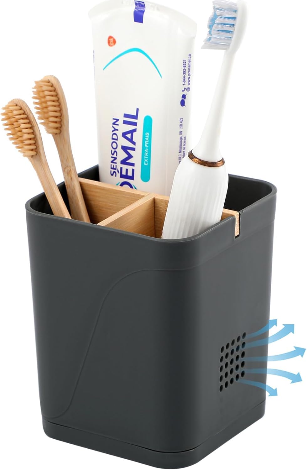 Electric Toothbrush Holder 3 Slots Tooth Brushing Holder with Bamboo Dividers for Bathrooms, Plastic Toothbrush and Toothpaste Organizer for Shower, Countertop, Vanity, Cool Grey