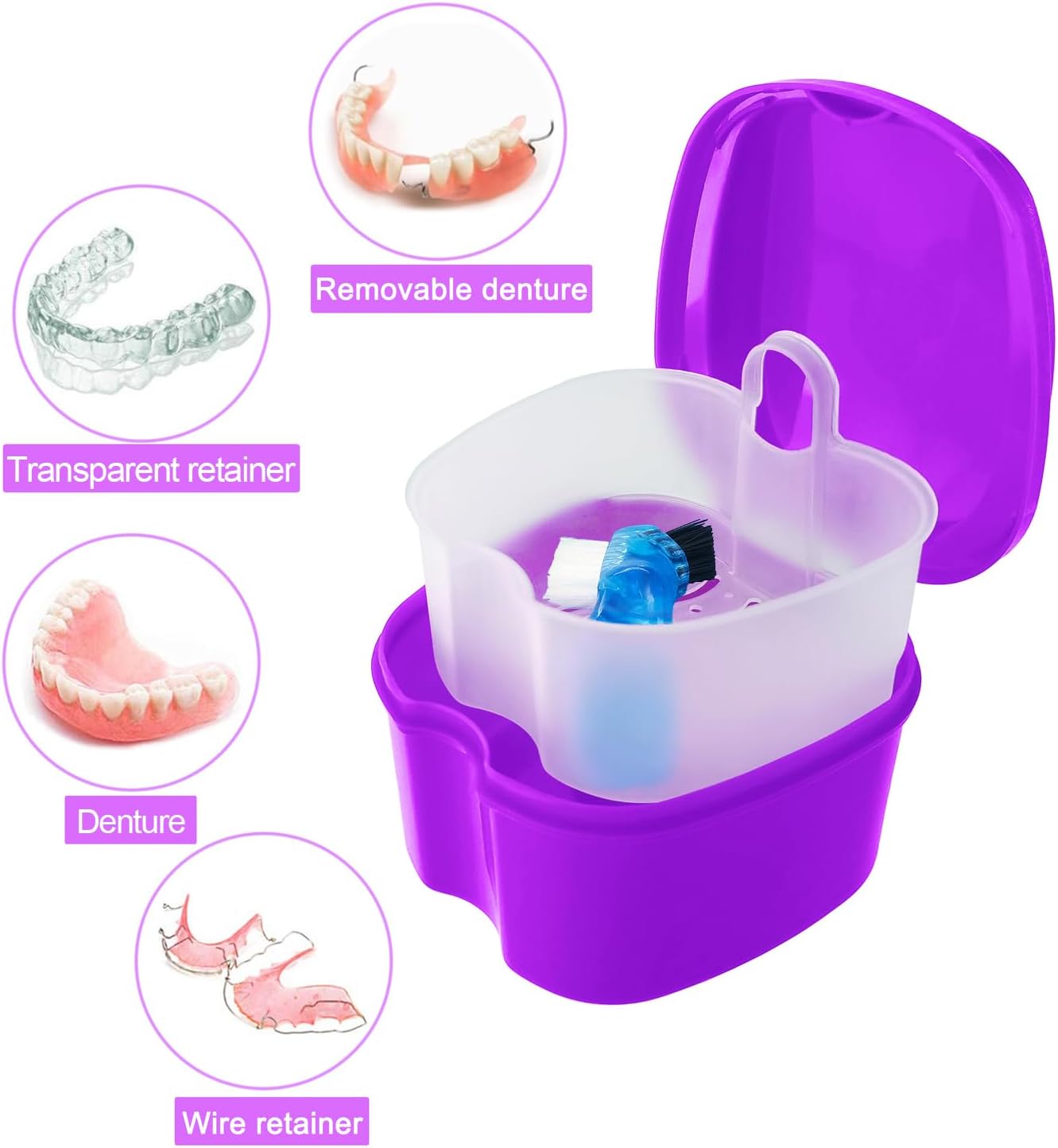 2 Pack Denture Bath Case Dental False Teeth Holder with Brush, Retainer Cleaning Case Denture Bath Cup Storage False Teeth Travel Case with Strainer - Purple and Dark Blue
