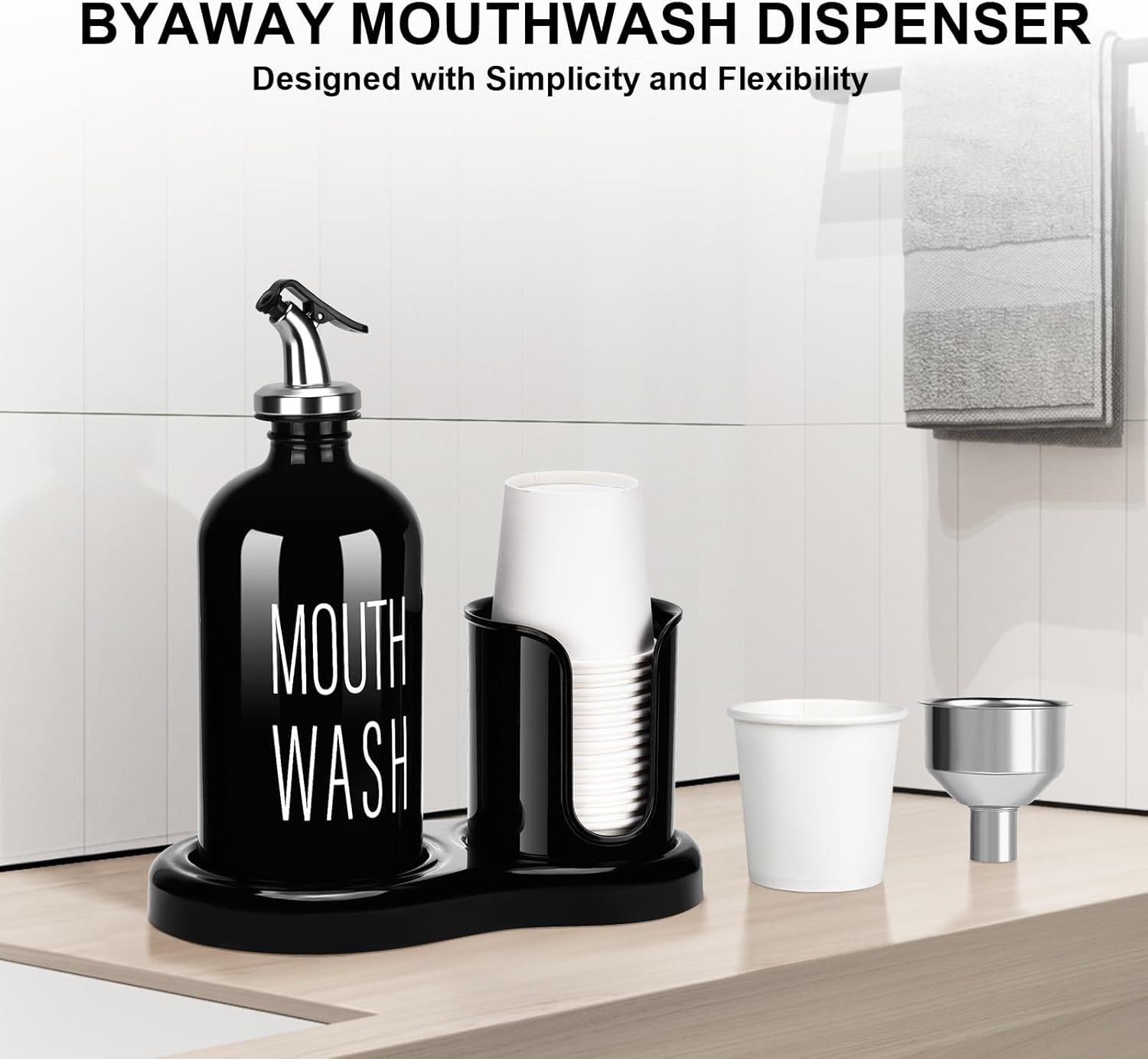 Glass Mouthwash Dispenser with Cup Holder,BYAWAY Mouthwash Set for Bathroom,16 OZ Refillable Mouthwash Bottle Container with 14 Mouthwash Cups,Funnel (Black)