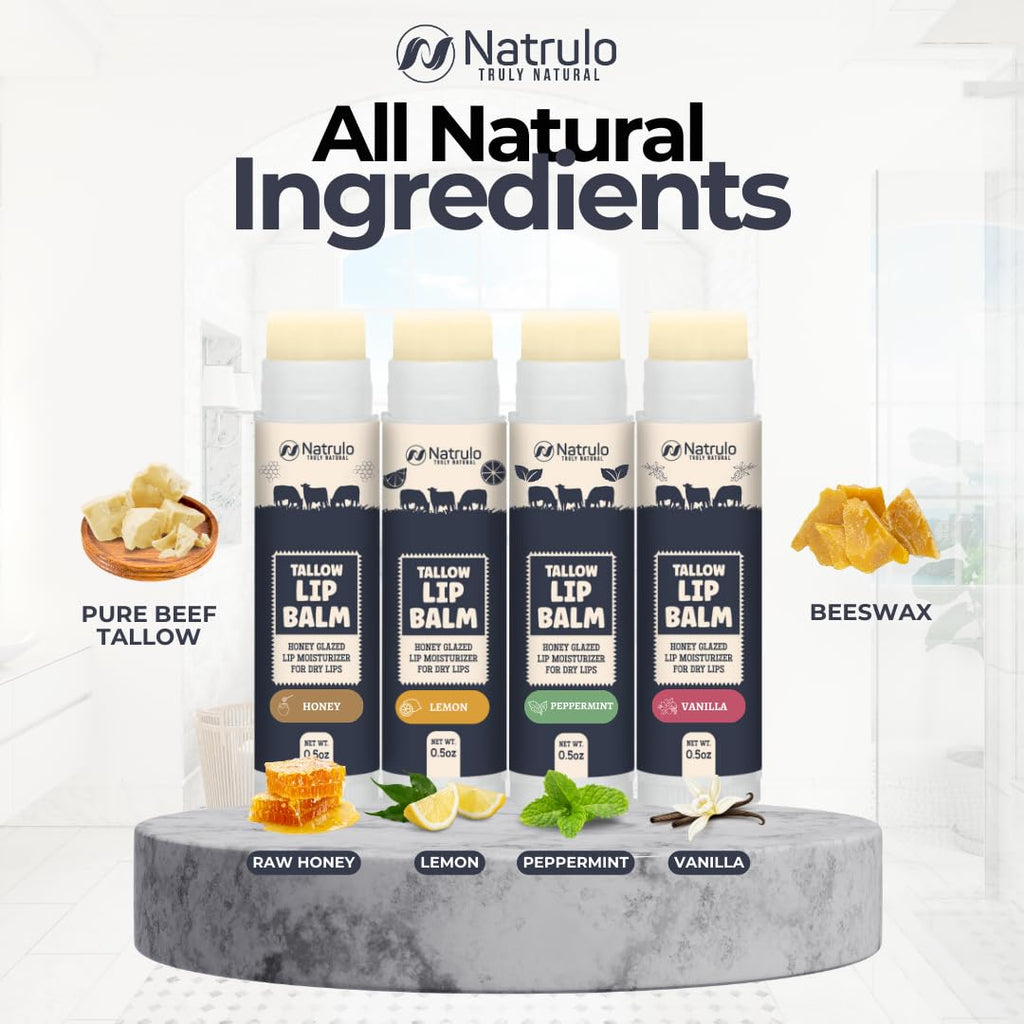 Beef Tallow Lip Balm – Natural Tallow Beeswax Chapstick – Hydrating Grass Fed Beef Tallow Honey Balm Lip Care – Soothes Chapped Dry Sensitive Lips – Long Lasting Vitamin Rich USA-Made Variety Pack