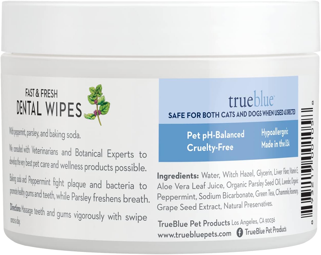 TrueBlue Parsley & Peppermint Fast and Fresh Dog Dental Wipes – Pre-Moistened Teeth Cleaning Pads - Non-Toxic, All-Natural Tooth Cleansing– 50 Count