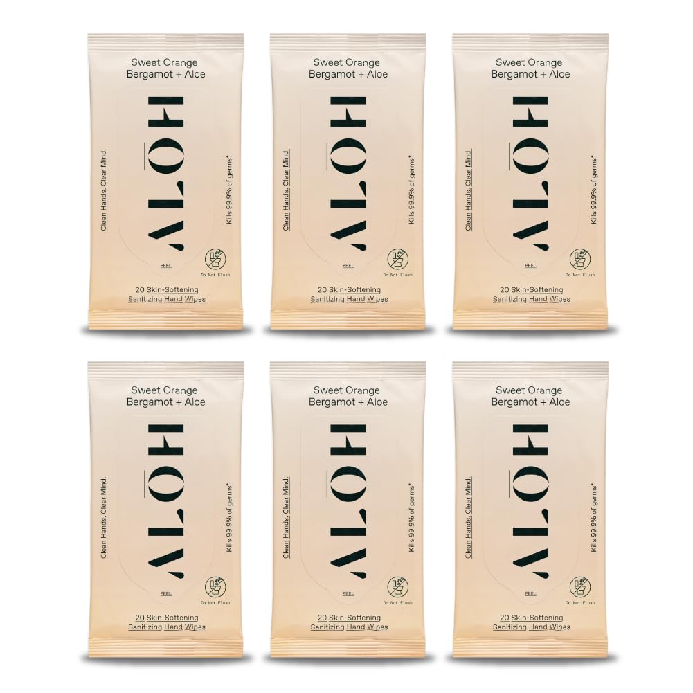 ALO ALŌH Sweet Orange Bergamot + Aloe Sanitizing Hand Wipes - Clean Hands, Clear Mind - On The Go Hand Sanitizer Wipes for Kids and Adults - (6 Pack, 20ct Wipes)