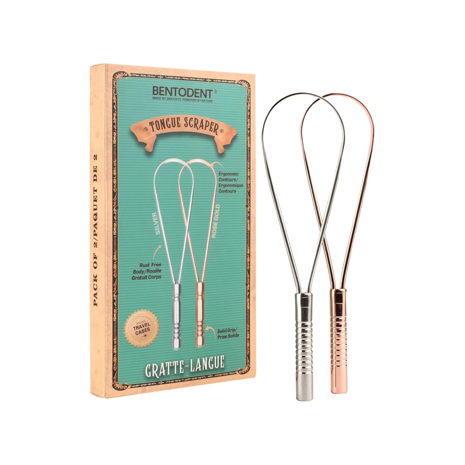 BENTODENT Tongue Scraper for Adults & Kids, Silver & Rose Gold, 100% Stainless Steel tongue scraper, Rust-Free metal, 2-Pack with Travel Case, Reduce Bad Breath, Tongue Scrubber, Tongue Cleaner