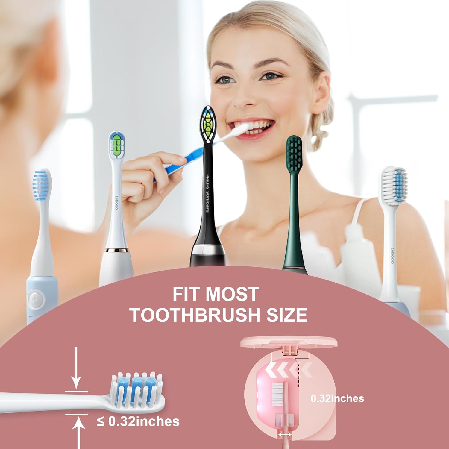 UV Toothbrush Sanitizer Holder, Toothbrush Sanitizer and Holder Cover Caps with Fan Drying, Rechargeable Portable Toothbrush Cleaner Case Fits Most Electric and Manual Toothbrushes (Pink)