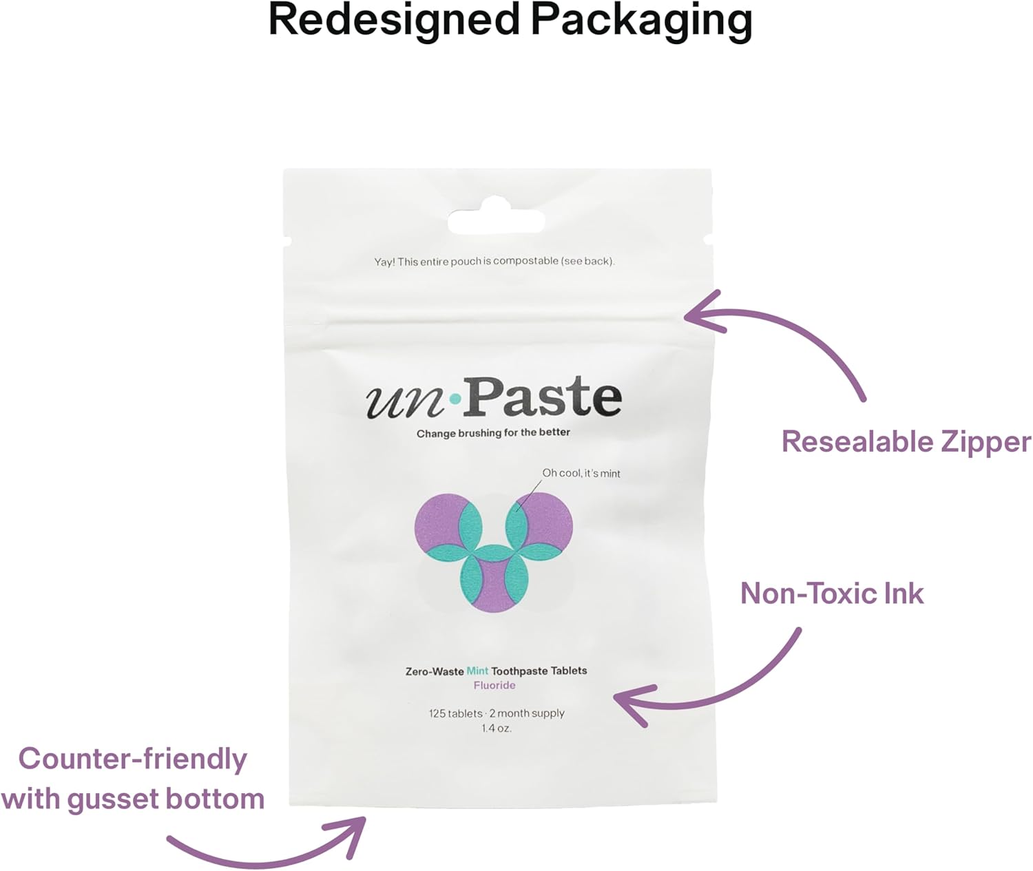 New Formula, Unpaste Toothpaste Tablets, Fluoride Mint, Xylitol Free, Vegan, Plastic Free, Travel-Friendly, Resealable Packet, 125ct, 2 Month Supply