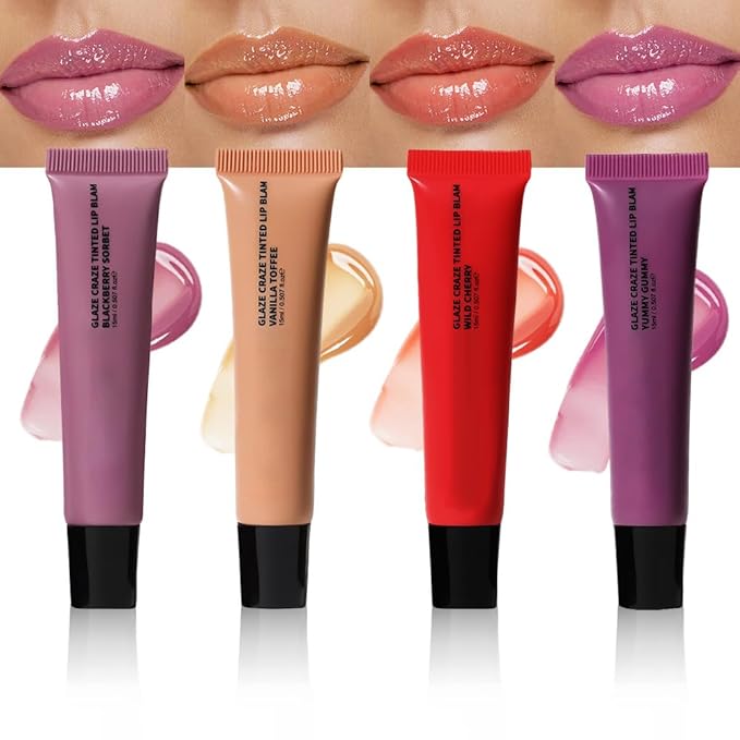 4Pcs Summer Glow Reviver Lip Balm Butter Lip Gloss, Melting Lip Serum, Ultra-Hydrating Natural Vegan Lip Oil, Sheer-Tinted Shine & Hydration, Soothes & Softens Dry Lips (01+02+04+05)