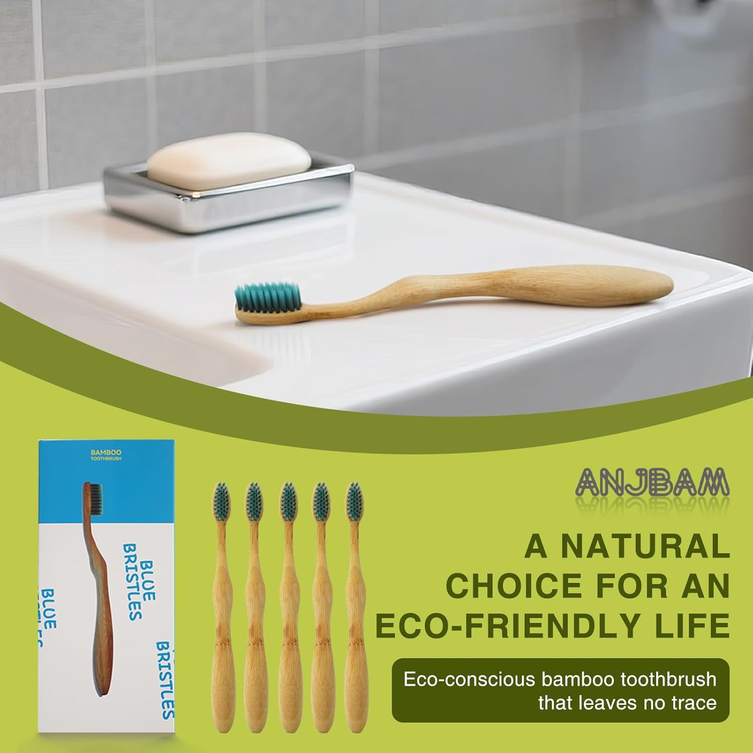 Bamboo Toothbrushes for Adults, BPA Free Bristles, Medium Soft, 5 PCS Bamboo Toothbrush for Dental Hygiene, Gum Care, Compostable, Eco Friendly, Compostable and Sustainable (Blue)