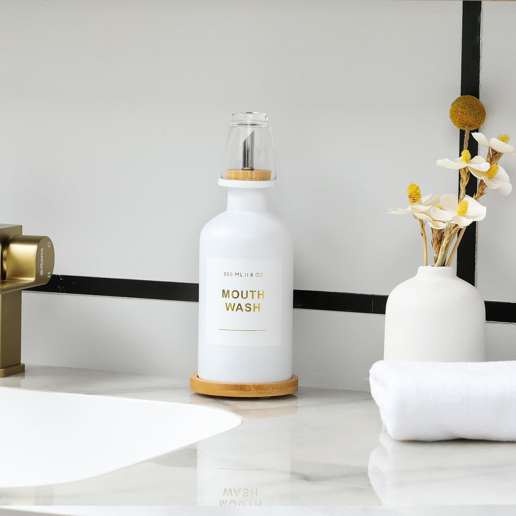 11.8OZ Mouthwash Dispenser for Bathroom with Bamboo & Stainless Steel Pour Spout, Mouthwash Cup Reusable, Bamboo Tray, and Elegant Gold Label. （White