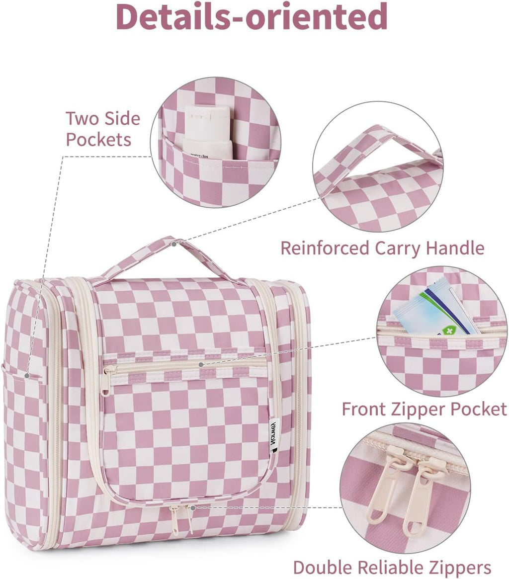 Narwey Checked Hanging Travel Toiletry Bag for Women, Travel Bag for Toiletries, Makeup Bag Organizer Cosmetic Bags Make Up Bags for Women (Dusty Rose Checkerboard)