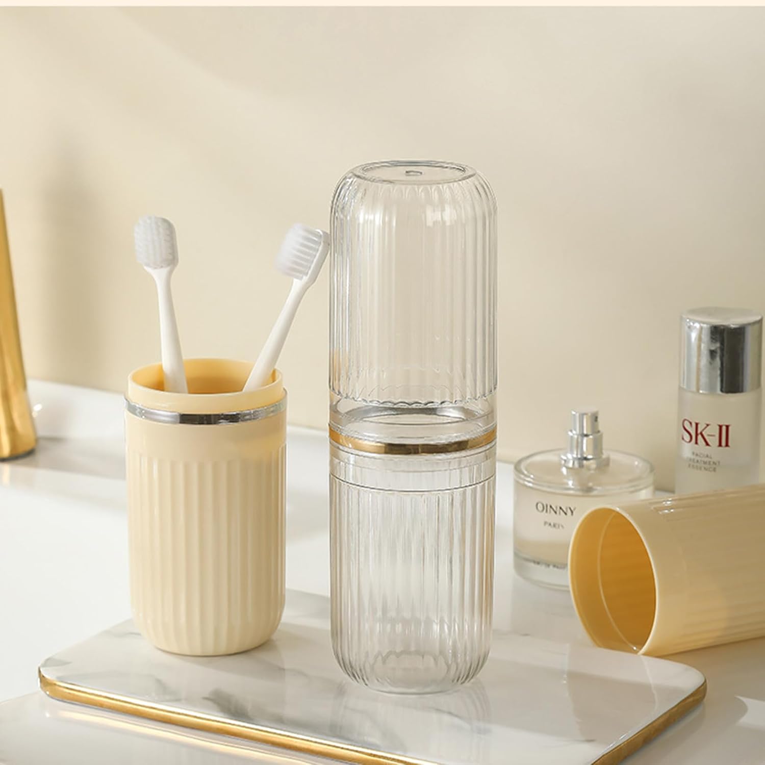 Travel Toothbrush Cup Case, Toothbrush Travel Container Portable Travel Toothbrush Holder Toothpaste Storage for School Camping Business Trip Bathroom (White,Yellow)