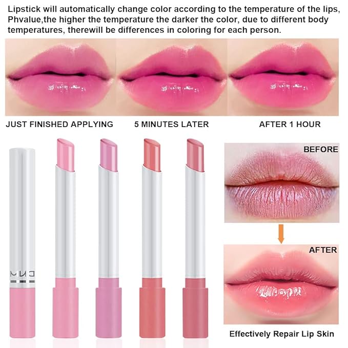 BINGBRUSH 4Pcs Color Changing Lipstick,Smoke Pipe PH Mood Long Lasting Labiales Lip Care Moisturizer Lip Balm Korean Magic Lip Gloss Tinted Stain Makeup Set for Women