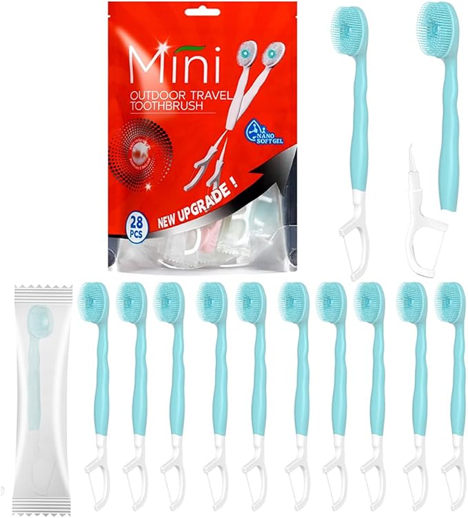 28 Packs Mini Brushes-Disposable Toothbrushes with Toothpaste+Tongue Scraper+Floss+Toothpick Individually Wrapped Prepasted Toothbrush Softex Bristles Travel Toothbrush (Mint)