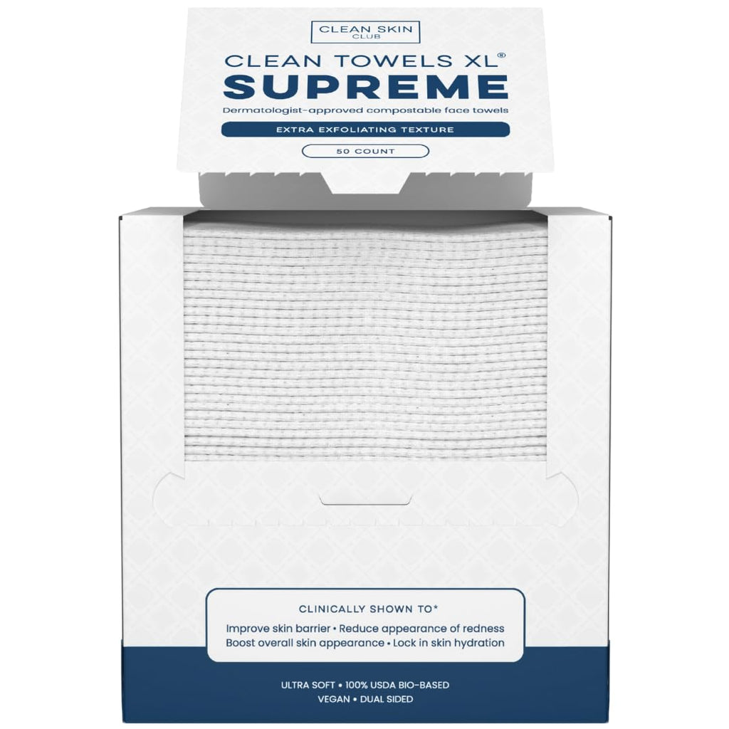 Clean Skin Club Clean Towels XL® Supreme, 100% USDA Biobased Face Towel, Disposable Face Towelette, Eczema Association Accepted, Makeup Remover Dry Wipes, Ultra Soft, 1 Pack, 50 Ct