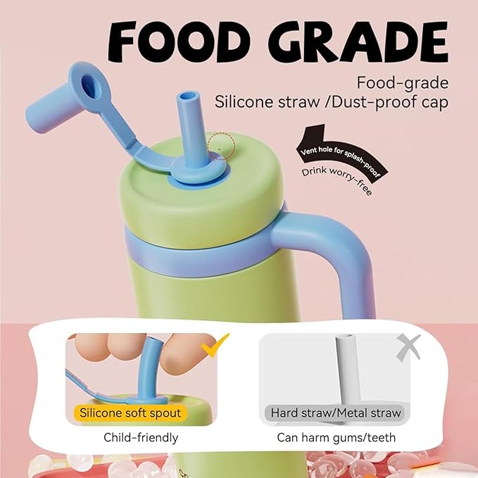 Drinking Cup With Whale Squirt, 24oz Whale Water Bottle with Handle, Insulated Stainless Steel Whale Water Cups With Two Silicone Soft Tip, Leak-Proof Whale Fountain Bottle for Kids Teens (Pink)