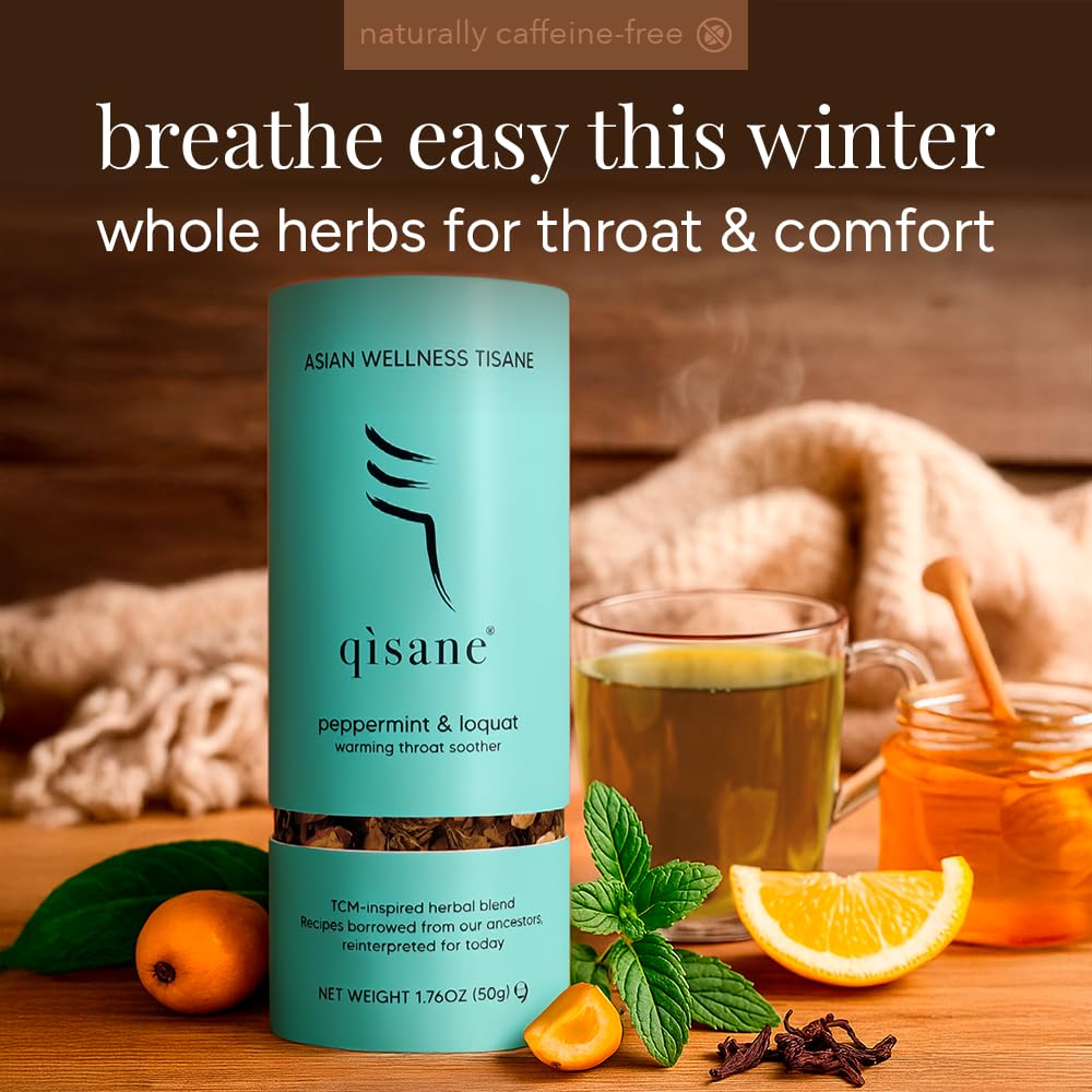 qìsane Organic Peppermint Tea Bags with Loquat Leaves - Whole Organic Peppermint Leaves, Loquat, Ginger & Balloon Flower Roots - Herbal Tea for Cough Support & Easy Breathing - 10 sachets (~30 cups)