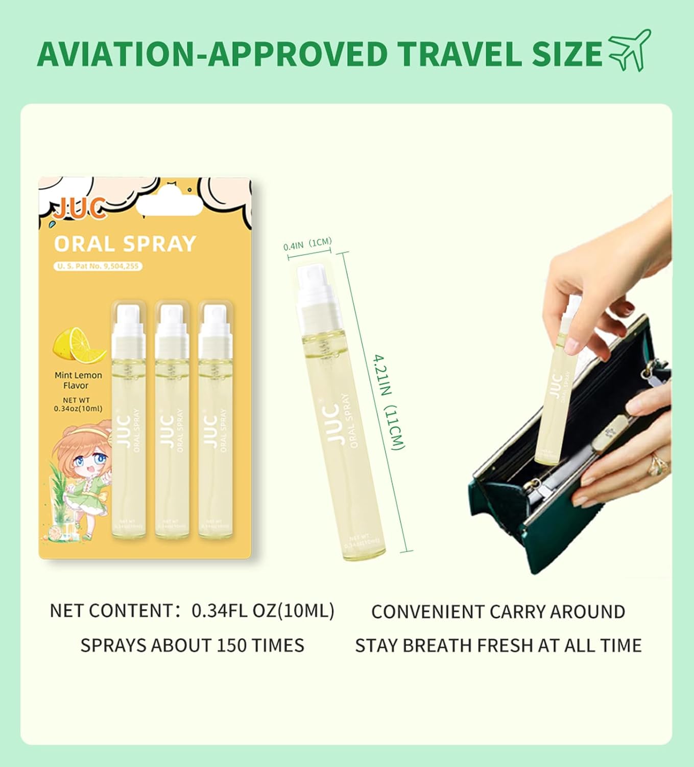 3 Count Mint Breath Spray Mouth Spray Oral Care Breath Freshener for All Ages 0.33OZ (10ML) Mint Lemon Flavor