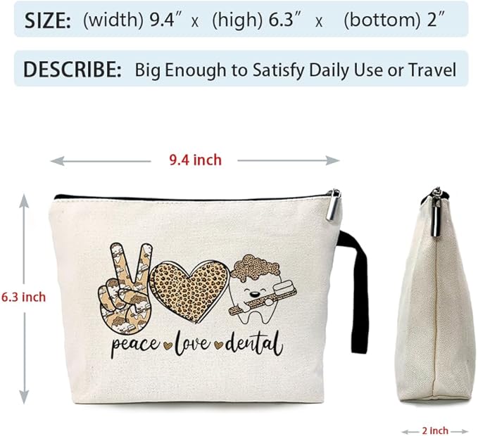 ZHANTUONE Peace Love Dental Cosmetic Bag,Funny Dental Gift,Dental Hygienist Gifts,The Birthday Gift for Dentists,For Women Dental Hygienist Makeup Bag,Dental Assistant Gifts,Dentist Survival Kit