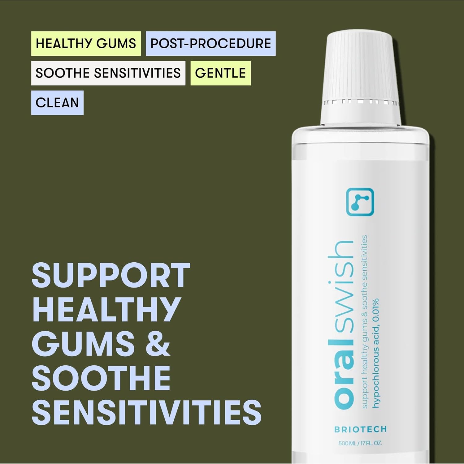 BRIOTECH Oral Swish, Hypochlorous Acid Mouthwash Rinse, Gentle Oral Care Hygiene, Fight Bad Breath, Support Against Plaque, Gum Irritation & Tender Gums, Alcohol & Fluoride Free, 32 fl oz
