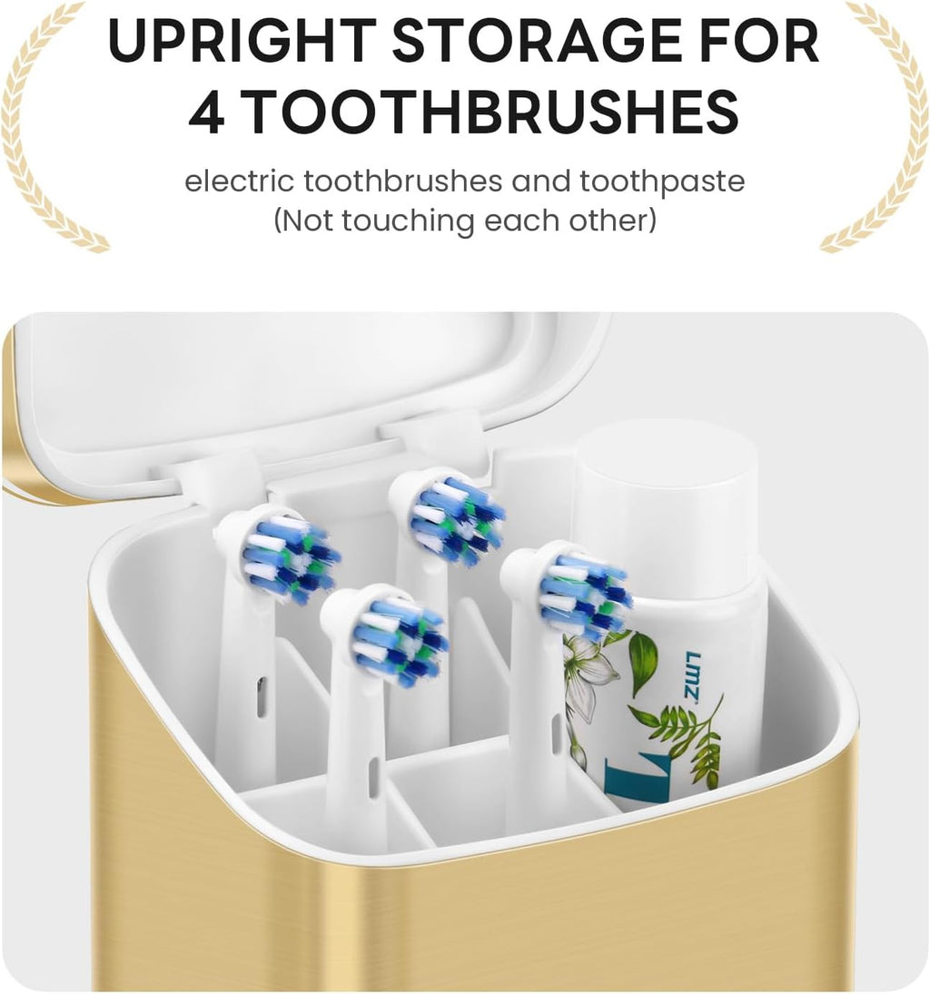 Toothbrush Holders with Cover - Electric Toothbrush Length Less Than 9 inches, 5 Slots Tooth Brush Holder for Bathroom, Detachable Toothpaste Holder Bathroom Organizers with Drainage, Gold