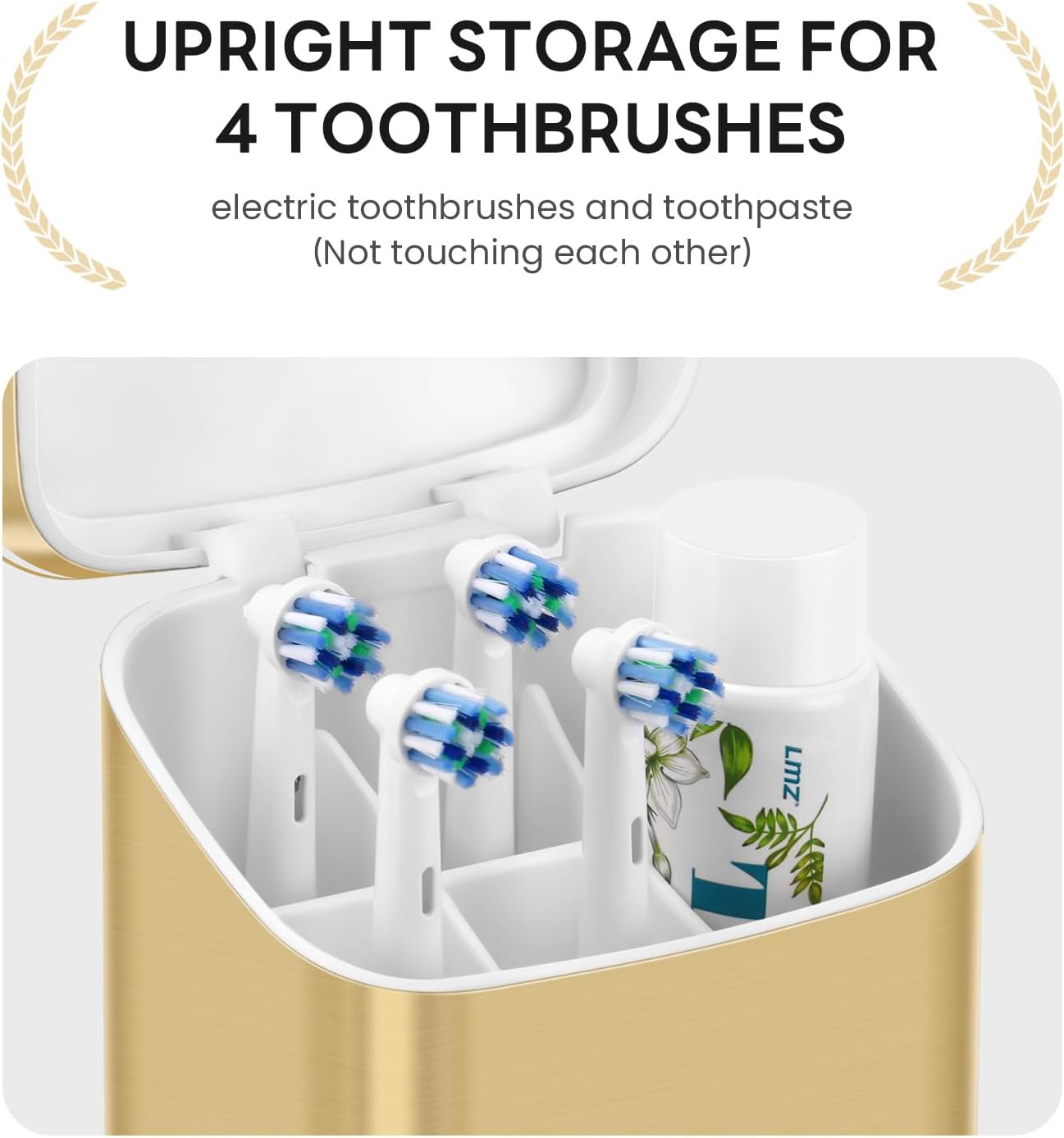 Toothbrush Holders with Cover - Electric Toothbrush Length Less Than 9 inches, 5 Slots Tooth Brush Holder for Bathroom, Detachable Toothpaste Holder Bathroom Organizers with Drainage, Gold