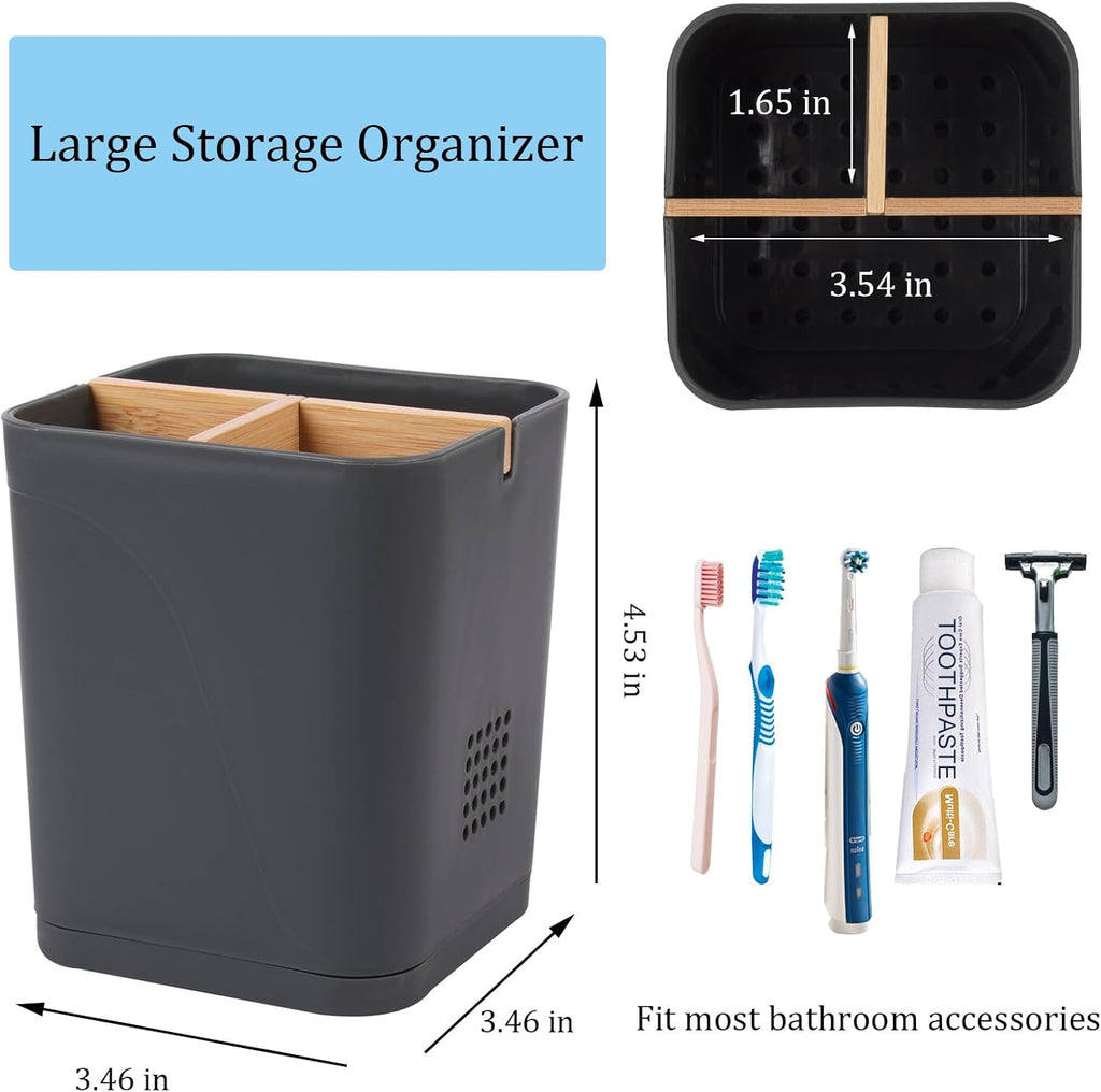 Electric Toothbrush Holder 3 Slots Tooth Brushing Holder with Bamboo Dividers for Bathrooms, Plastic Toothbrush and Toothpaste Organizer for Shower, Countertop, Vanity, Cool Grey