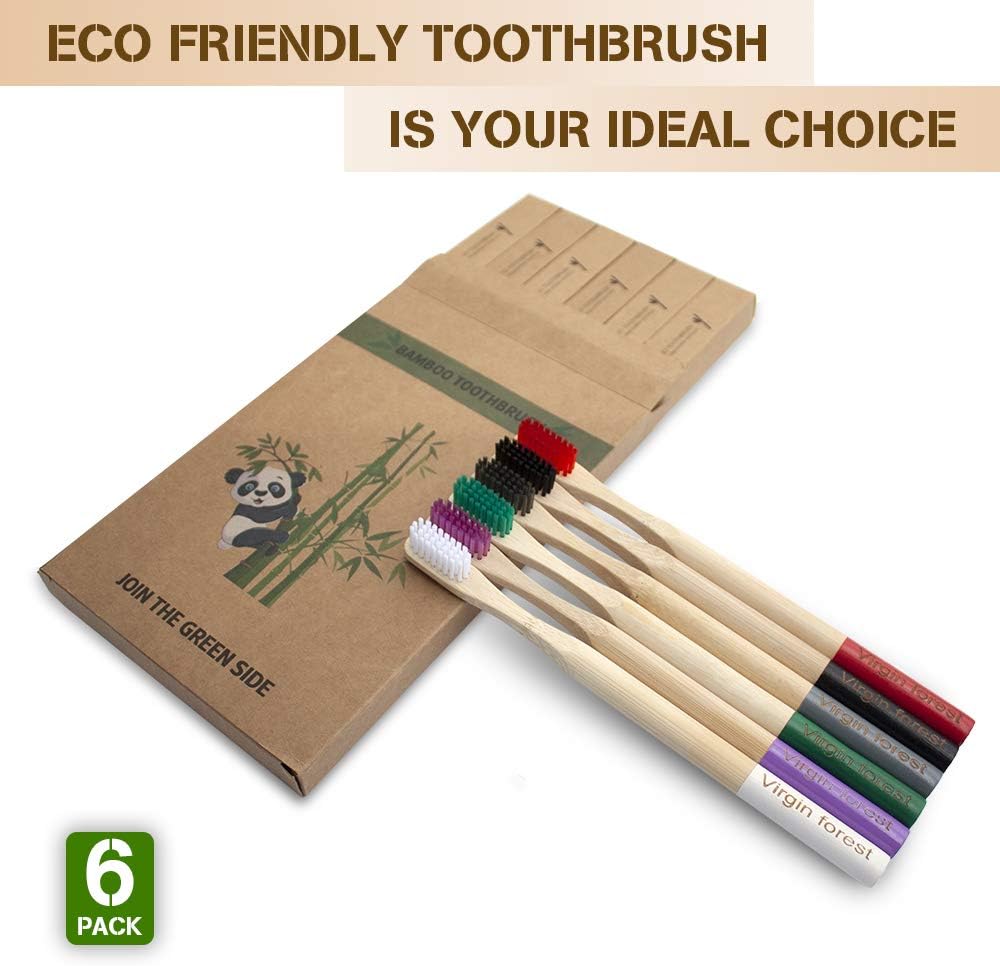 Virgin Forest 6 Pcs Biodegradable Bamboo Toothbrushes, Natural Eco-Friendly BPA-Free Toothbrushes, Best Travel Wood Toothbrush Set for Sensitive Gums