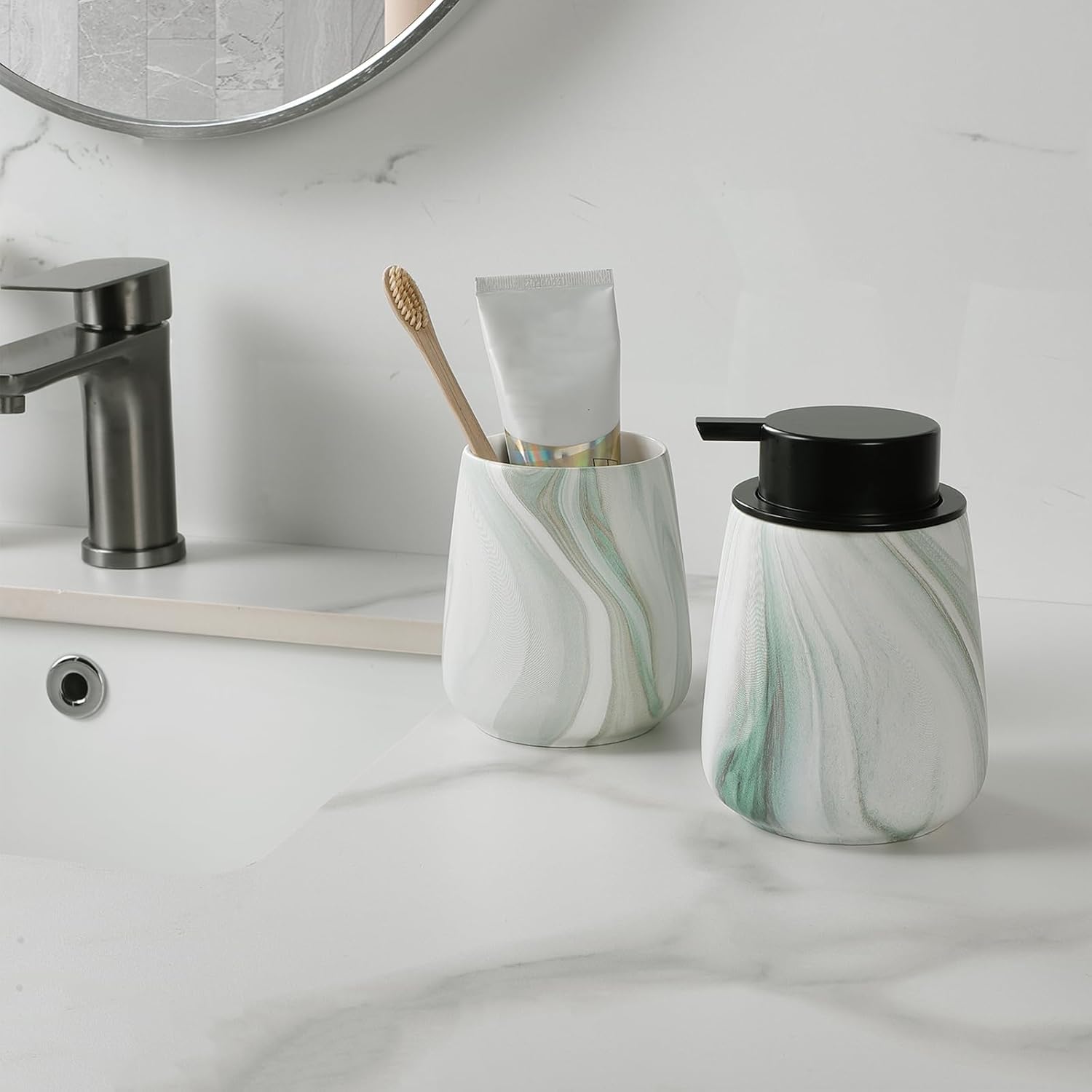 Marble Green Toothbrush Holder for Bathroom - Ceramic Tooth Brushing Holders, Toothbrush Cup, Toothpaste Organizer for Bathroom Countertop, Makeup Brush Holder, Pen Holder for Home Desktop Storage