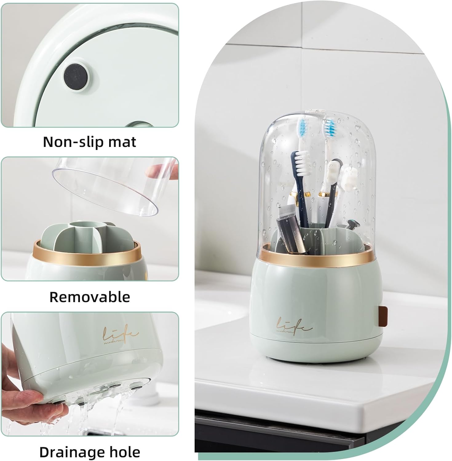 Toothbrush Holders for Bathrooms, Rotating 7 Slots Electric Toothbrush Holders with Cover, Countertop Toothpaste Organizers (Light Green)