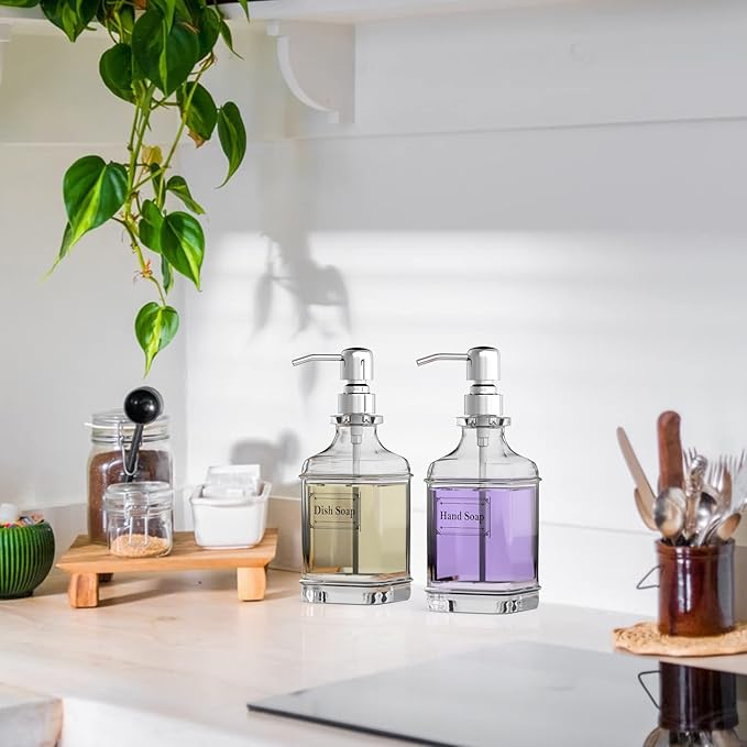 GLADPURE Soap Dispenser - 2 Pack, 18 Oz Antique Design Thick Glass Hand Soap Dispensers; with 304 Rust Proof Stainless Steel Pump, 6Pcs Clear Stickers, for Kitchen, Bathroom - Silver