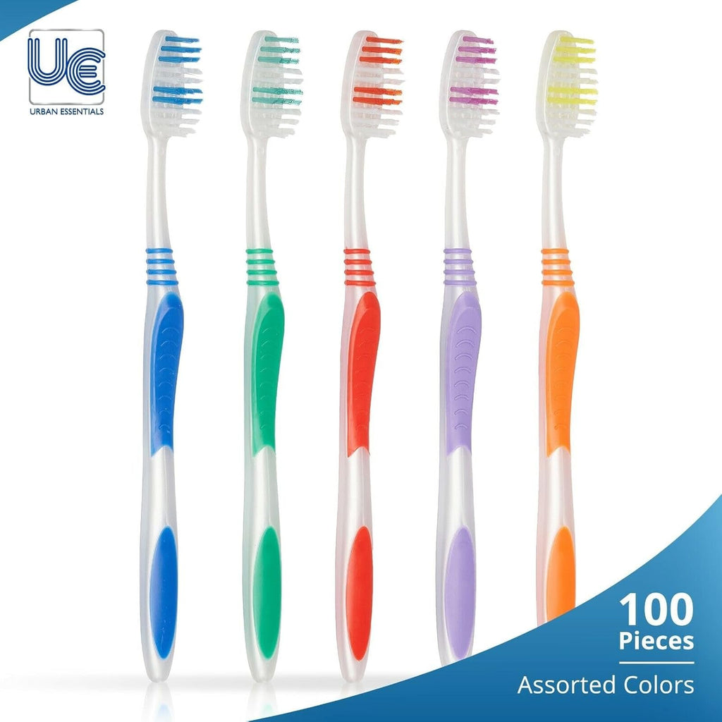 Urban Essentials Bulk Toothbrush Package with Covers | Premium Quality Individually Wrapped Colorful Tooth Brushes | Medium Soft Toothbrush Hygienic Cap for Donations, Travel, Hotels (100 Pack)