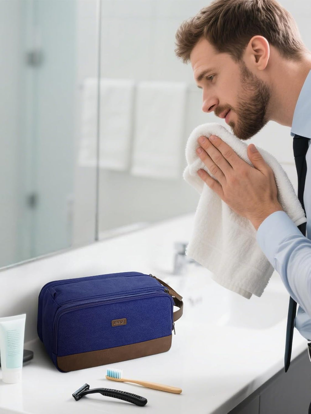 WANDF Toiletry Bag for Men Travel Toiletry Organizer Canvas and Leather Dopp Kit Water-Resistant Shaving Bag for Travel Accessories (Blue, Large)