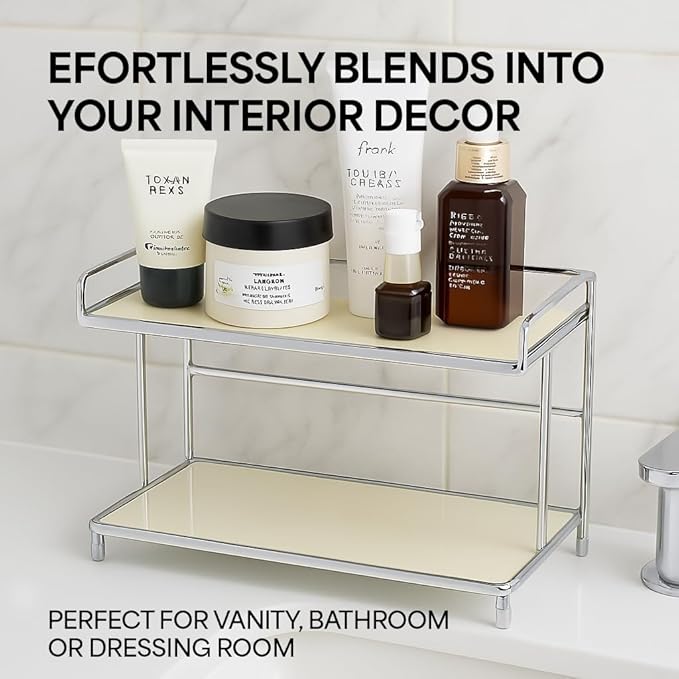 2-Tier Metal Countertop Storage Rack for Perfume, Cosmetics, Makeup, Skincare, and Bathroom Vanity Organizer (Cream)