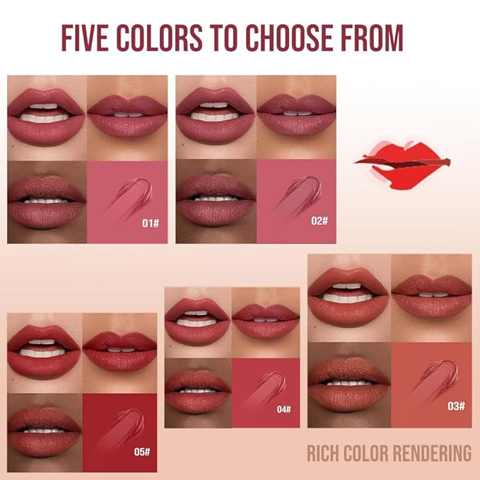 Matte Lip Stain – High Pigment Non-Transfer Matte Liquid Lipstick, Long-Lasting Waterproof Smudge-Proof Lip Color, Lightweight Comfortable Velvet Finish Lip Tint 02#（5PCS）