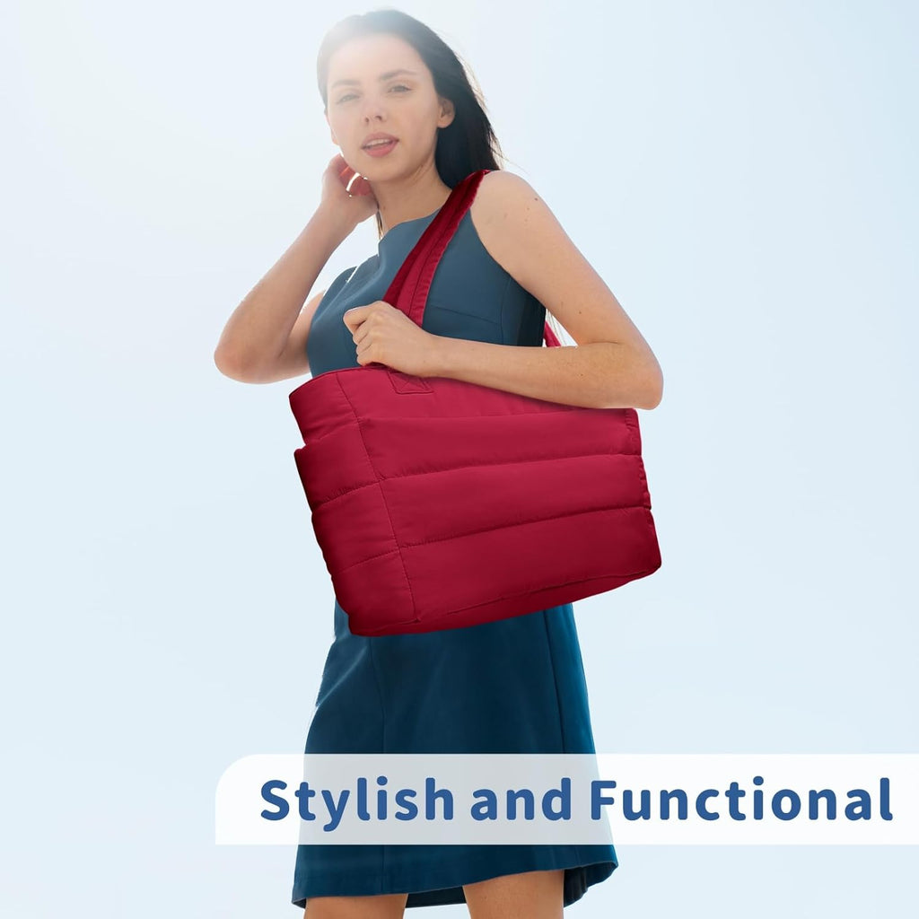 TOPDesign Puffer Tote Bag for Women, Lightweight Puffy Handbag with Compartments, Quilted Shoulder Bag for Work, Travel, Gym