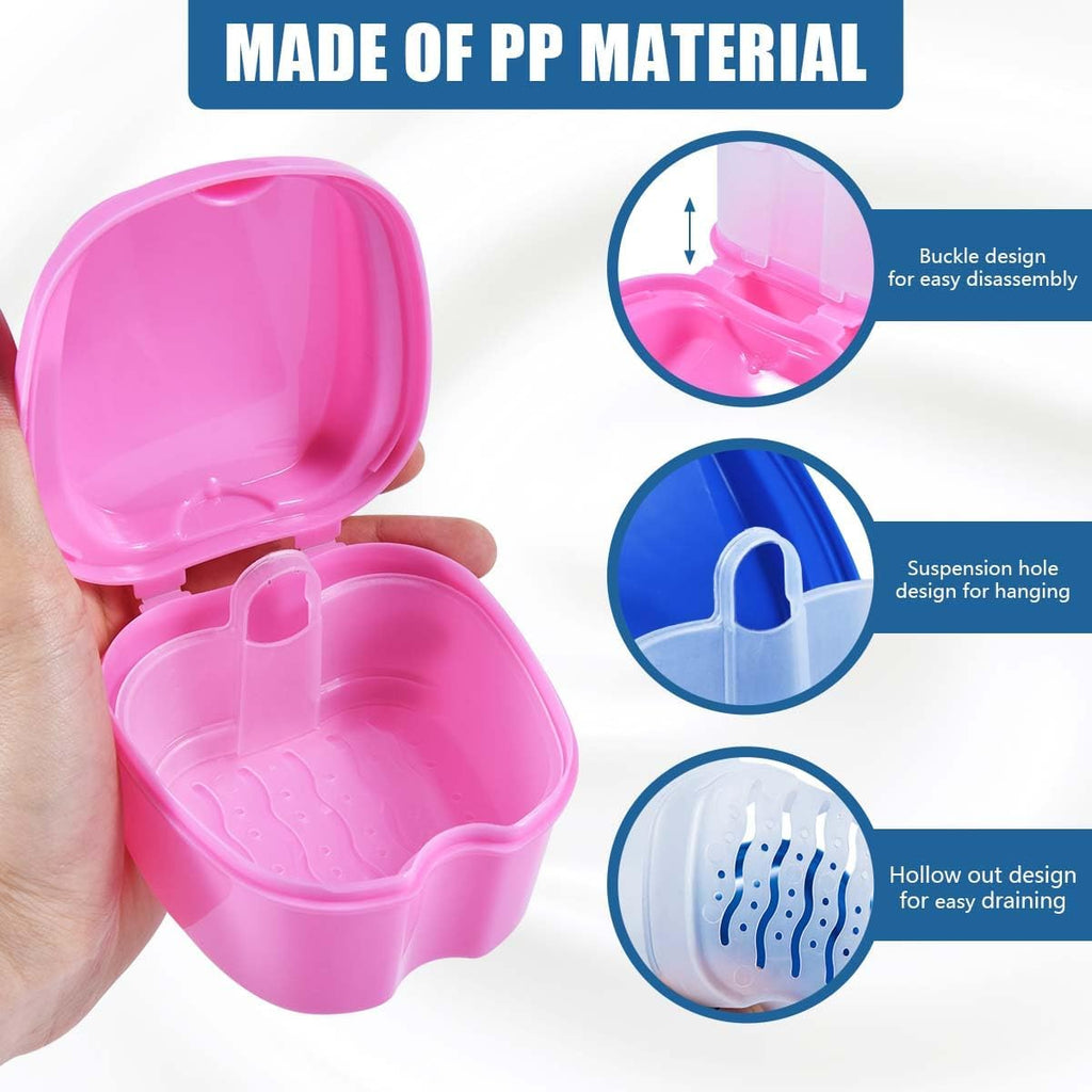 2 Pack Colors Denture Bath Case Cup Box Holder Storage Soak Container with Strainer Basket for Travel Cleaning (Blue and Pink)