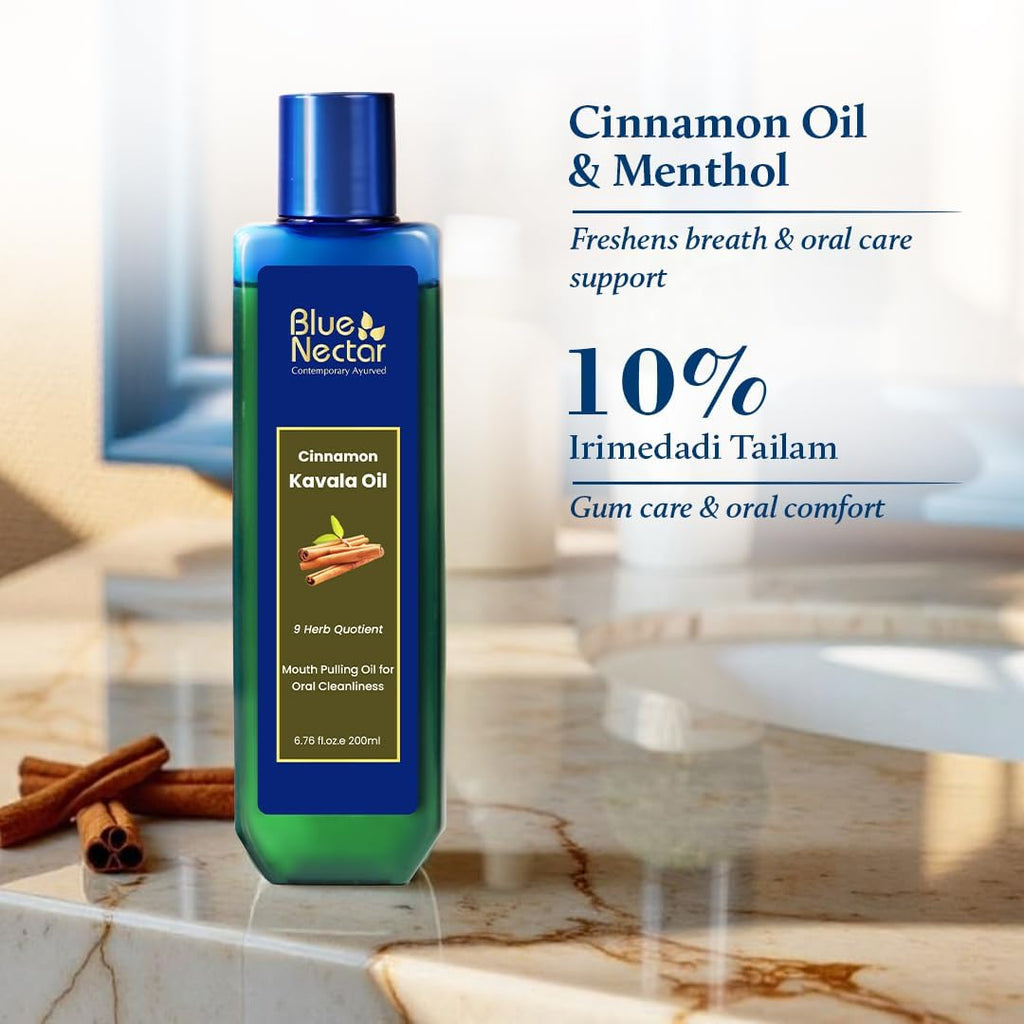 Blue Nectar Cinnamon Mouth Pulling Oil for Kavala Gandusha Oral Hygiene Ritual | Ayurvedic Mouthwash for Fresh Breath,Daily Oral Care & Helps Maintain Fresh Gums (9 Herbs, 6.76 Fl Oz)