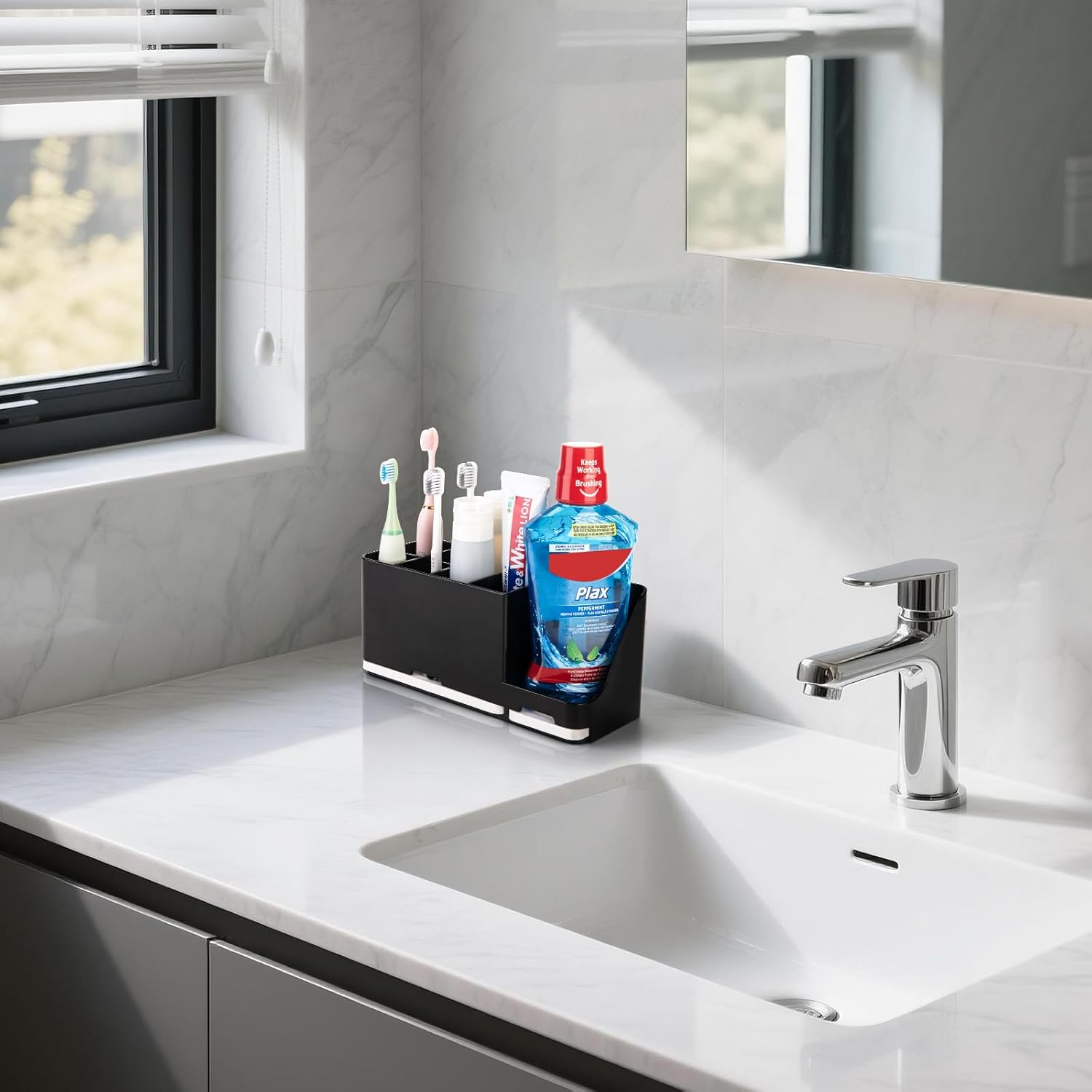 Toothbrush Holder for Bathroom Organizer with Diatom mud Board，Detachable 8 Slots Kids Electric Toothbrush Holder and Toothpaste Stand for Countertop Accessories Storage (Black)