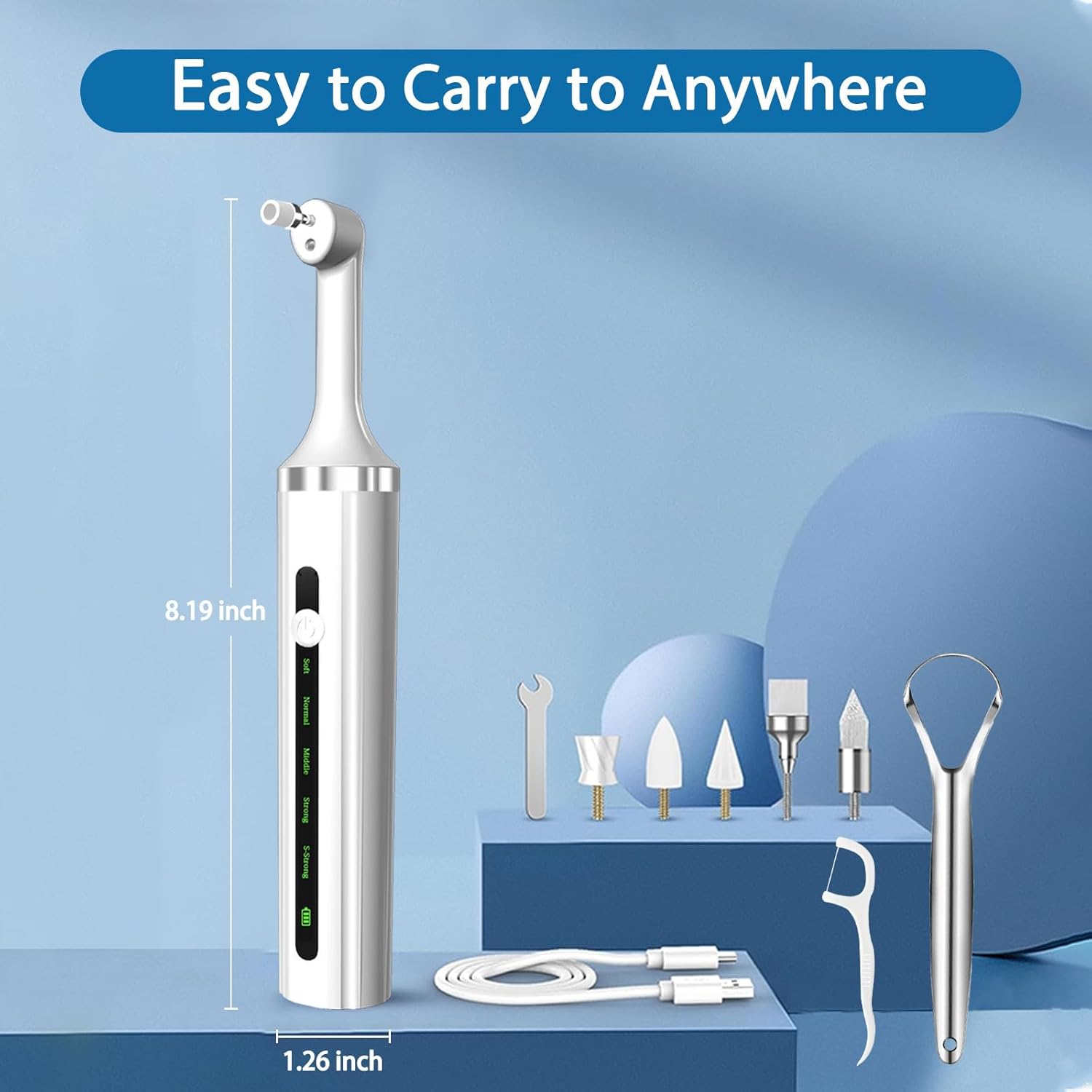 Plaque or Electric Tartar Polishing TeethKit with LED Light 5 Speed Modes with 5 Replacement Brush Heads (White)