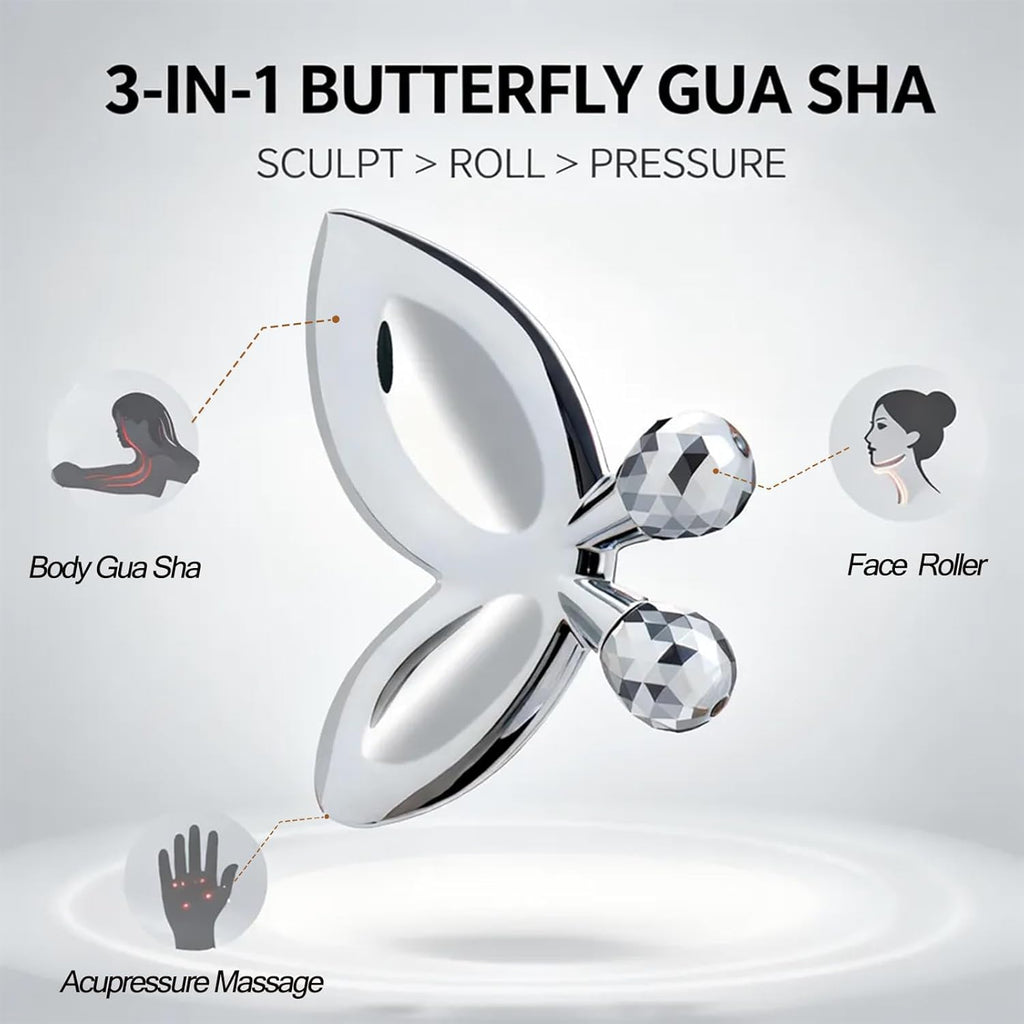 Stainless Steel Gua Sha Facial Tools,3D Butterfly Facial Roller for Women,2-in-1 Guasha Tool for Face Eye Skin Tightening,Body Gua Sha Tool for Lymphatic Drainage&Acupressure