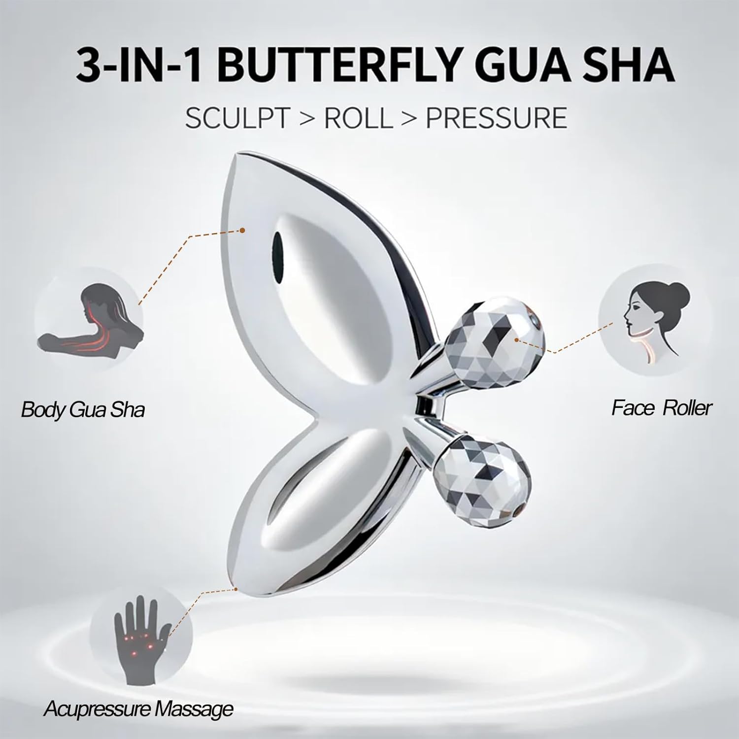 Stainless Steel Gua Sha Facial Tools,3D Butterfly Facial Roller for Women,2-in-1 Guasha Tool for Face Eye Skin Tightening,Body Gua Sha Tool for Lymphatic Drainage&Acupressure