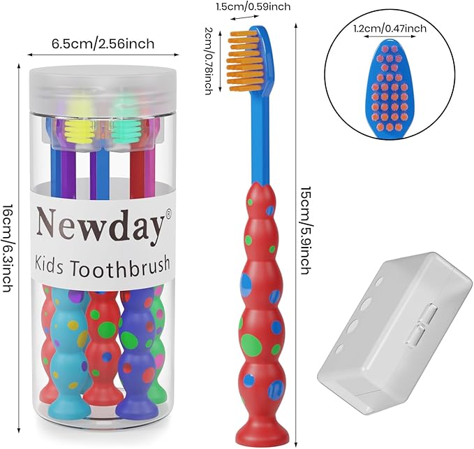 Newday Kids toothbrushes 6 Pack Set Soft Bristles Fun Lovely with Suction Cup, Includes Travel Covers, Animal toothbrushes for Kids Boys & Girls, Toddlers &Children Teeth Age 3+ (Multicolor)