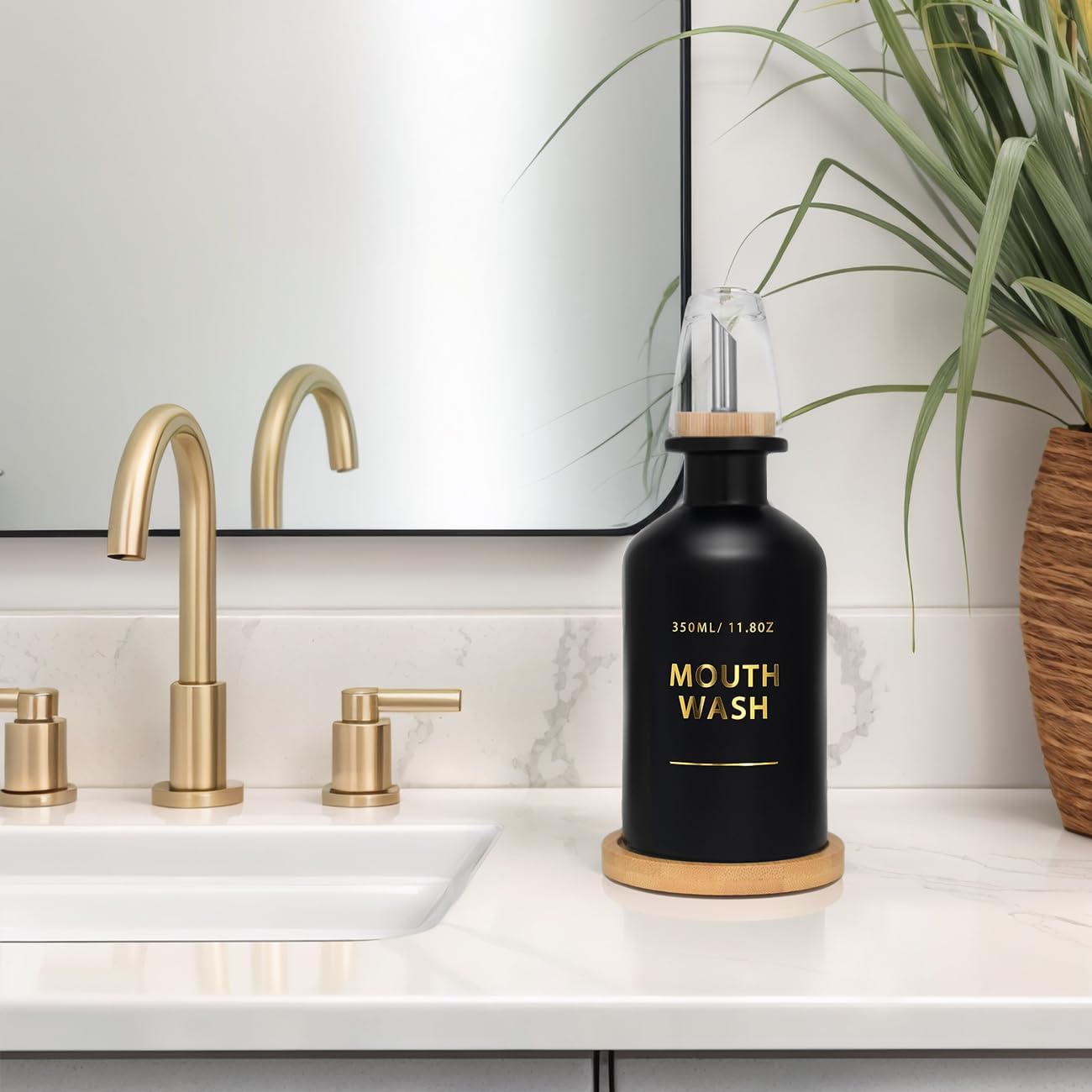 Mouthwash Dispenser for Bathroom 11.8oz – Glass Mouthwash Bottle with Cup & Bamboo Tray, Gold Hot-Stamped Lettering, Silicone Base, Modern Bathroom Accessory (Black)