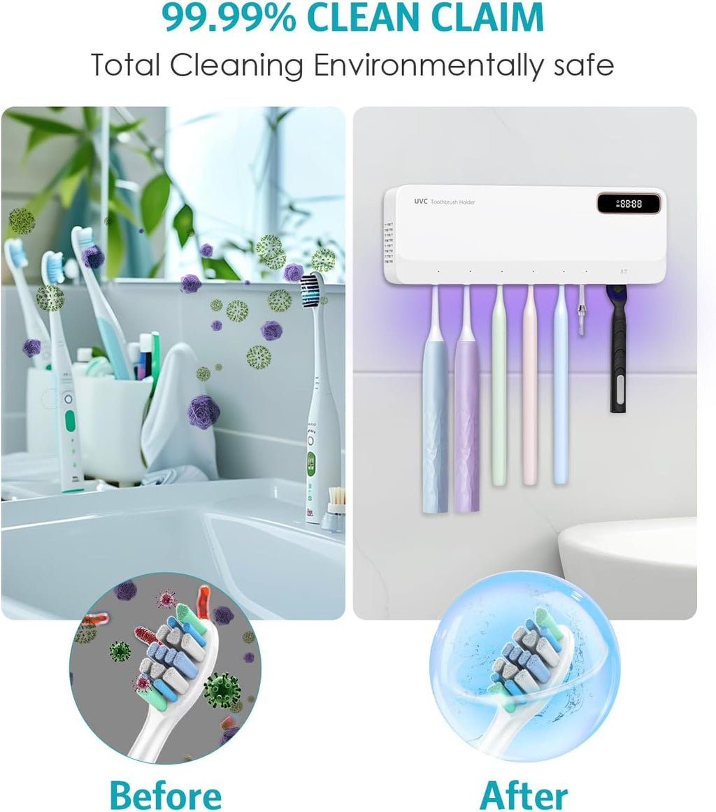UV Toothbrush Cleaner Holder, Temracha Toothbrush Holders for Bathrooms, 5+1+1 Slots Tooth Brush Shaver Cleaner and Holder, Rechargeable Cordless Wall Mounted with Heating Functions, No Drilling