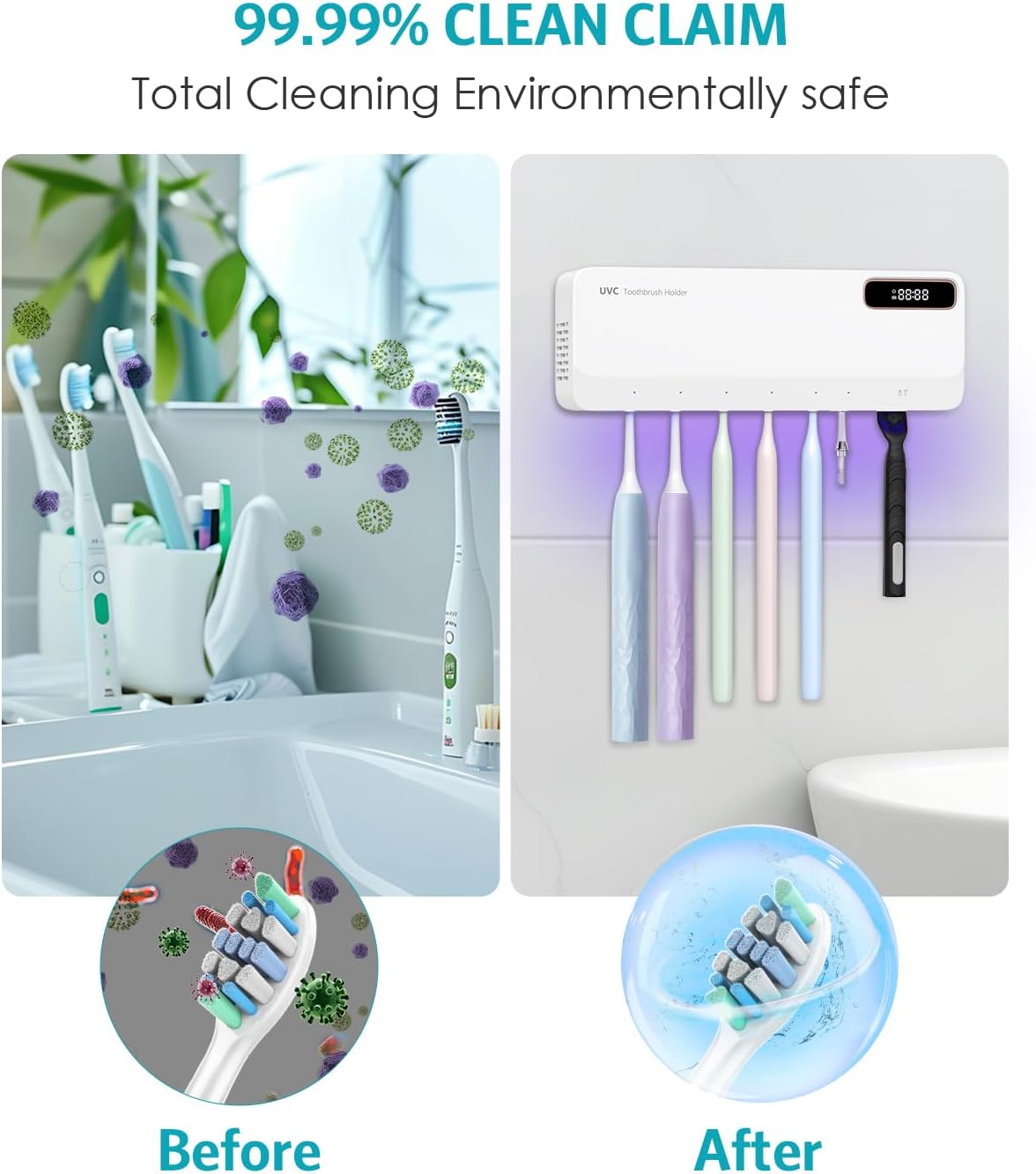 UV Toothbrush Cleaner Holder, Temracha Toothbrush Holders for Bathrooms, 5+1+1 Slots Tooth Brush Shaver Cleaner and Holder, Rechargeable Cordless Wall Mounted with Heating Functions, No Drilling