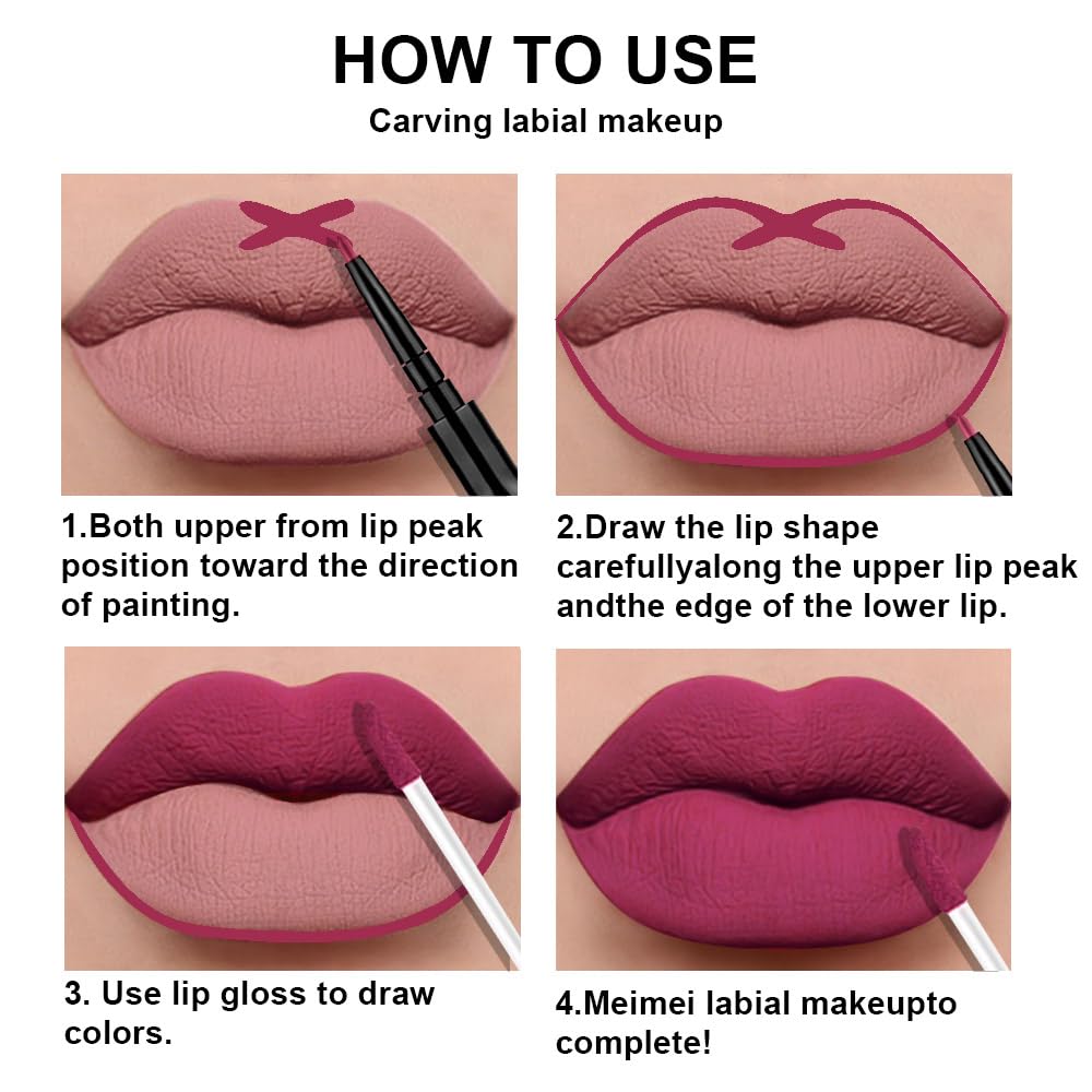 3Pcs 2 in 1 Rose Red Plum Warm Pink Deep Cranberry Lip Liner and Liquid Lipstick Stain Makeup Set for women, Long Lasting Smudge Proof Lip Tint Matte Finish Lip Gloss for All-Day Color Hold, Set14