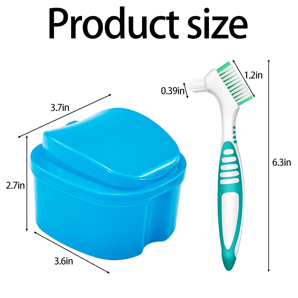 2 Pack Denture Cup Denture Bath Holder Case with Strainer Basket, Dental Retainer Cleaner Case False Teeth Container Denture Bath Soaking Cup with 2 Brushes - Purple and Blue