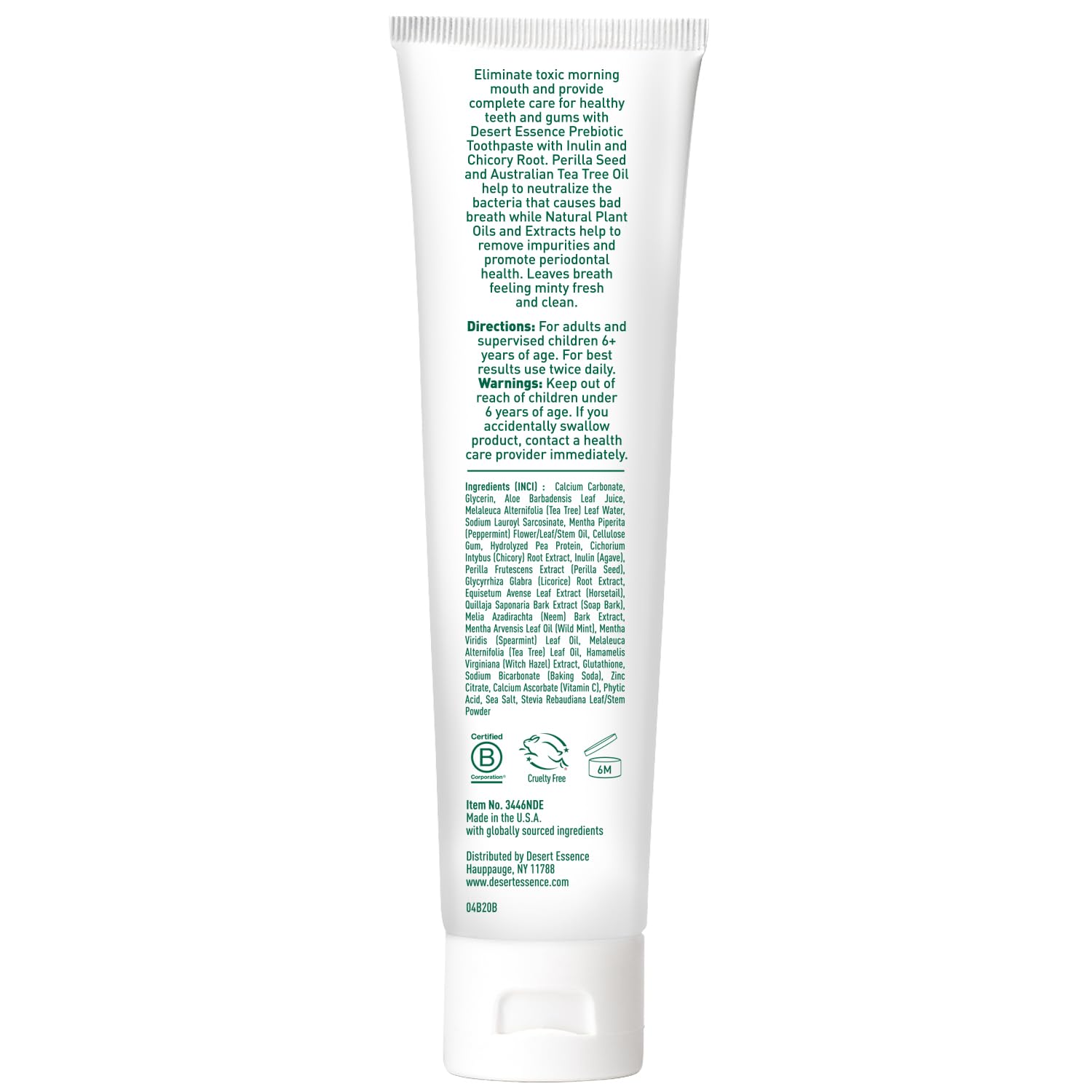 Desert Essence Prebiotic Plant-Based Whitening Toothpaste - Mint - Oral Care with Inulin, Perilla Seed & Aloe - Vegan, Fluoride Free, Non-GMO, Gluten-Free, Cruelty-Free - 6.25 oz