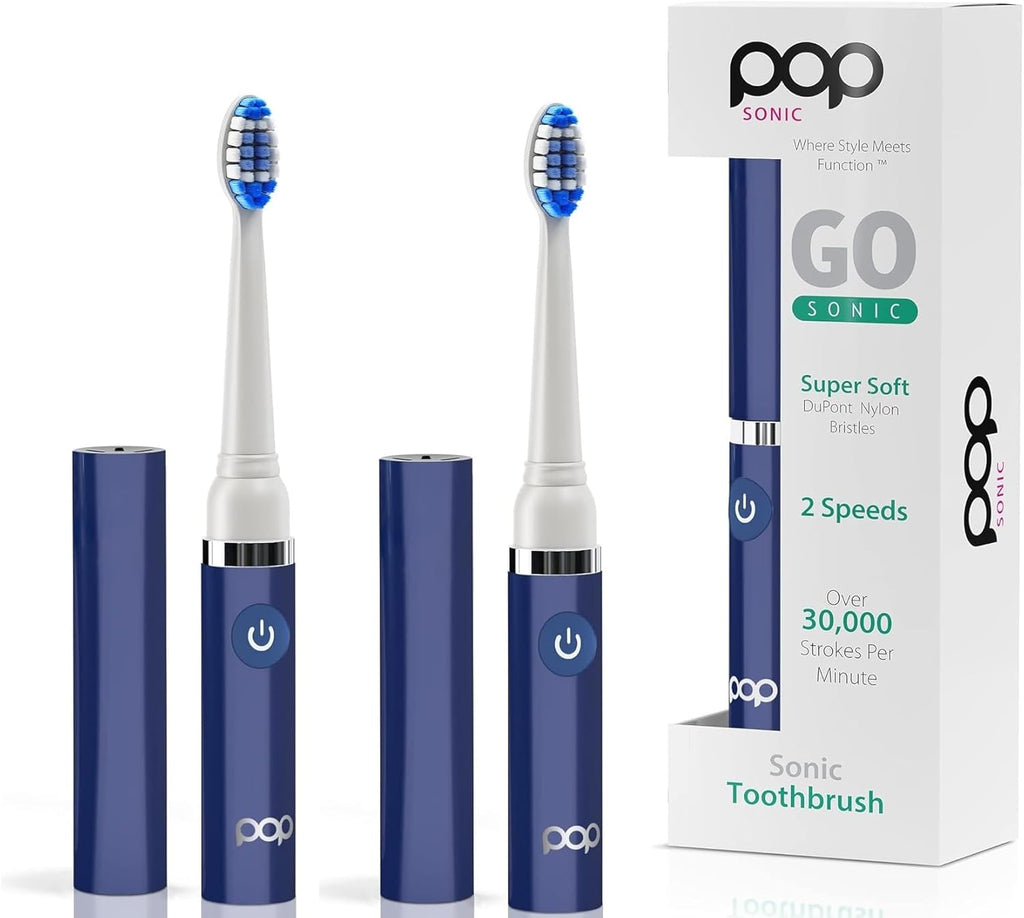 2-Pack Pop Sonic Electric Toothbrush (Navy Blue) - Travel Toothbrushes w/AAA Battery | Kids Electric Toothbrushes with 2 Speed & 15,000-30,000 Strokes/Minute, Dupont Nylon Bristles