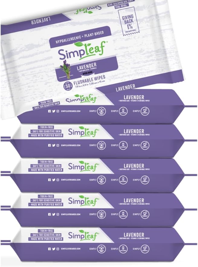 Simpleaf Flushable Wet Wipes Lavender | Plastic Free, Paraben & Alcohol Free | Hypoallergenic & Safe for Sensitive Skin | Soothing Aloe Formula | Adult Toilet Wipes (6 x 50 Counts Pack) 300 Counts